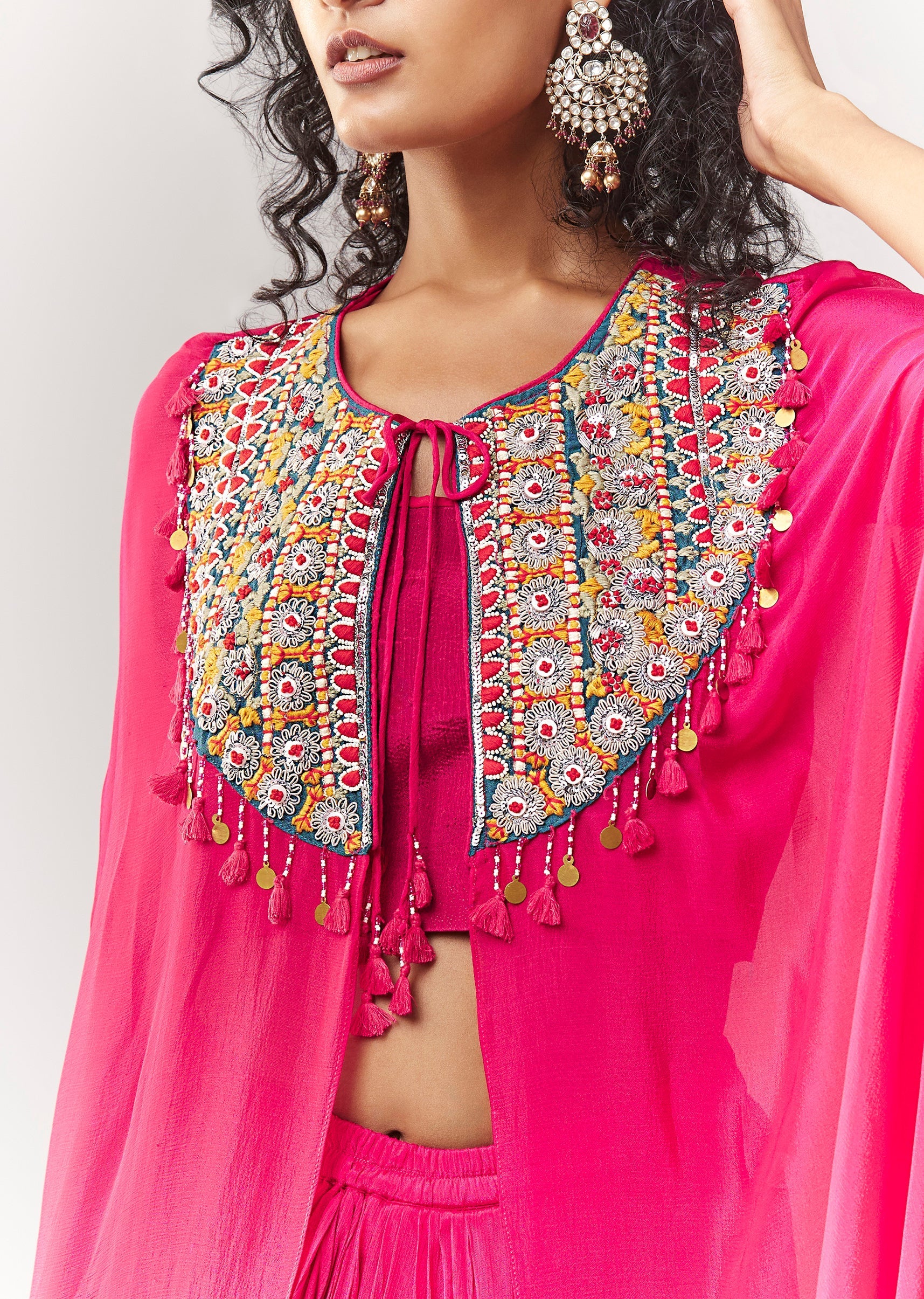 Pink Thread And Silver Zardosi Cape Set With Skirt