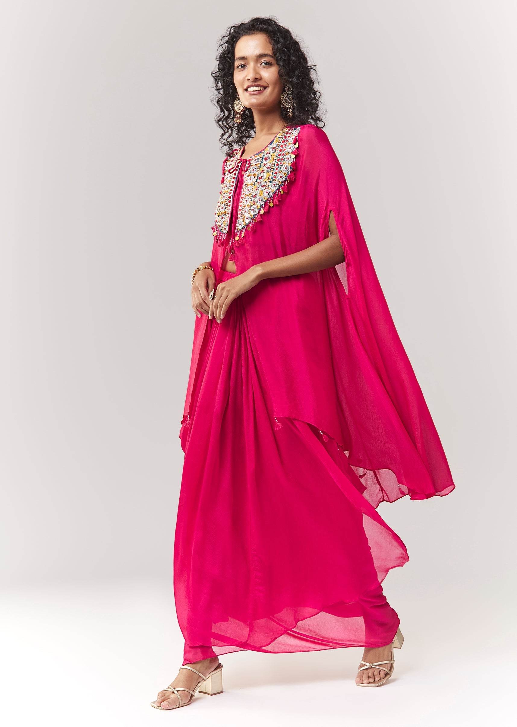 Pink Thread And Silver Zardosi Cape Set With Skirt