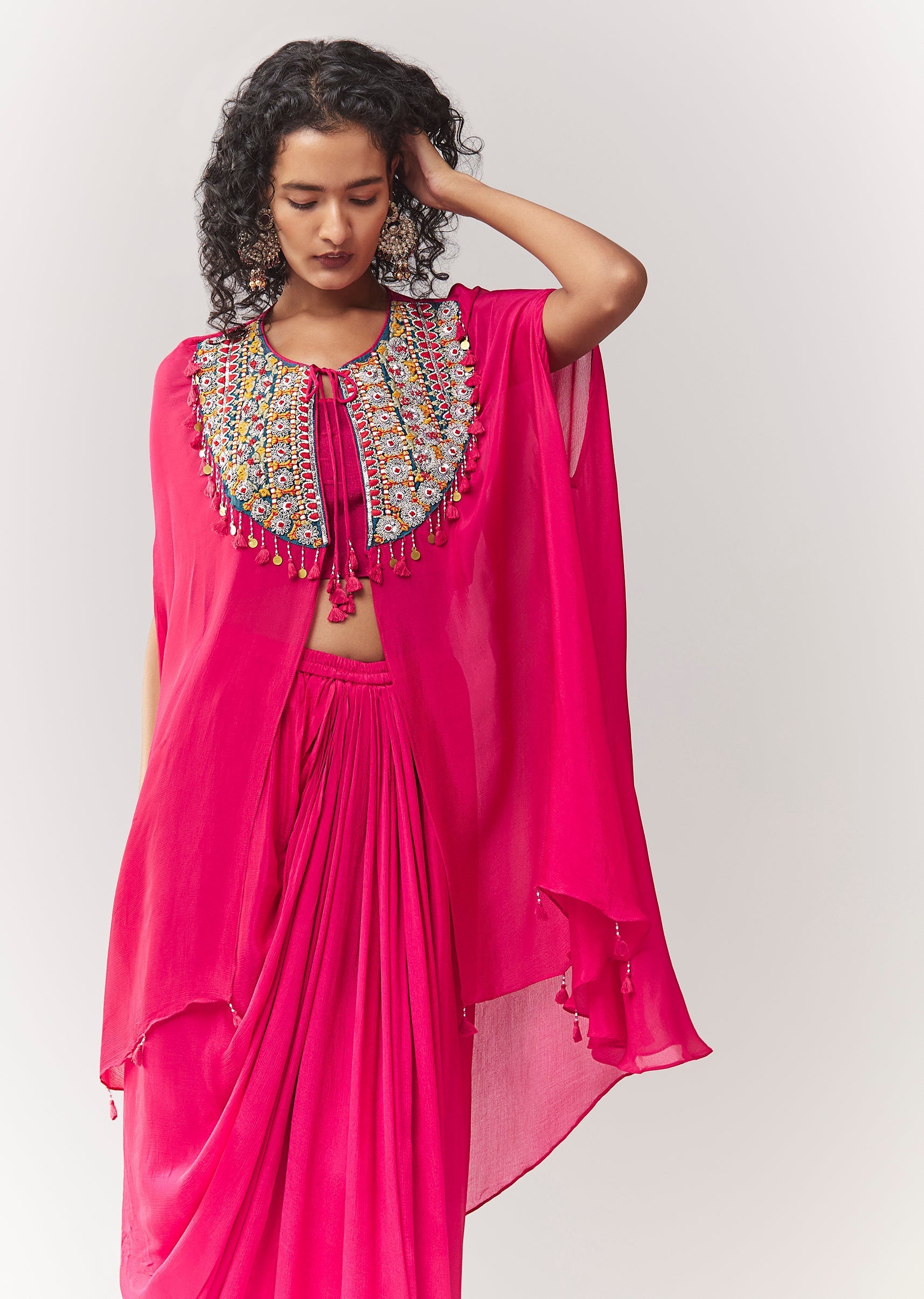 Pink Thread And Silver Zardosi Cape Set With Skirt