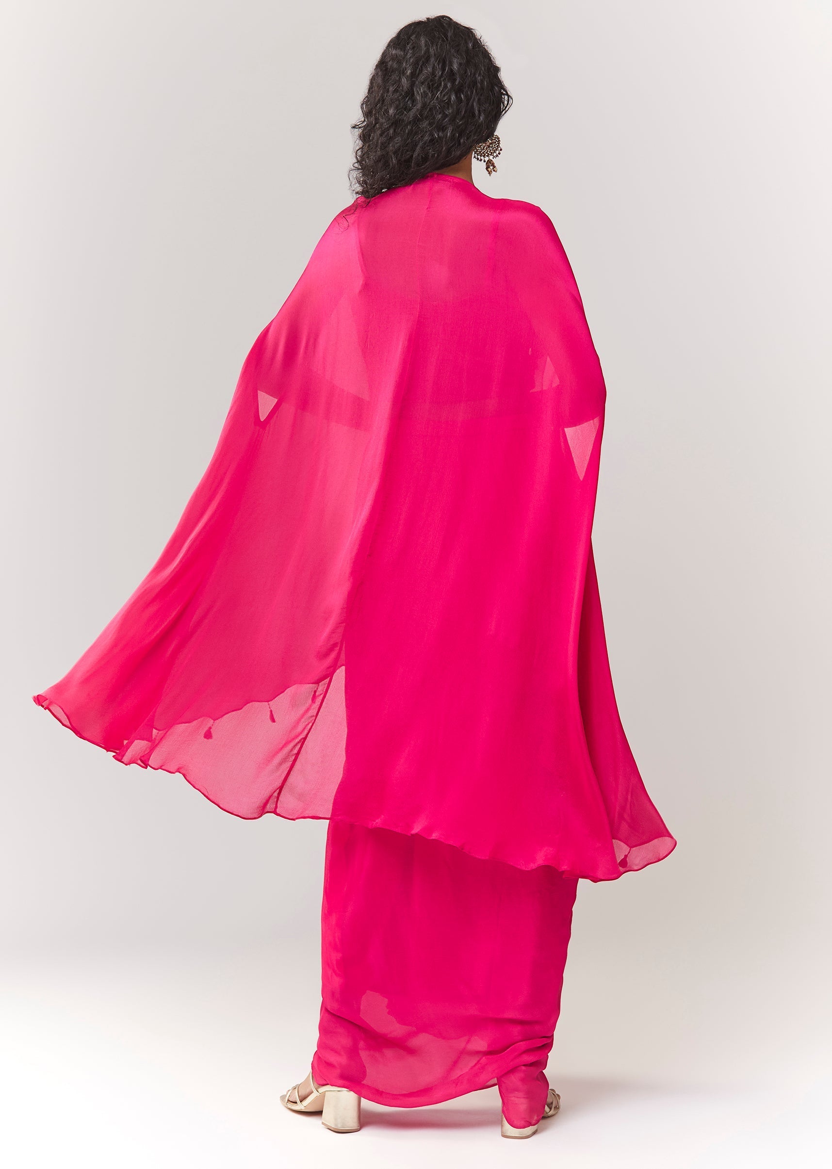 Pink Thread And Silver Zardosi Cape Set With Skirt