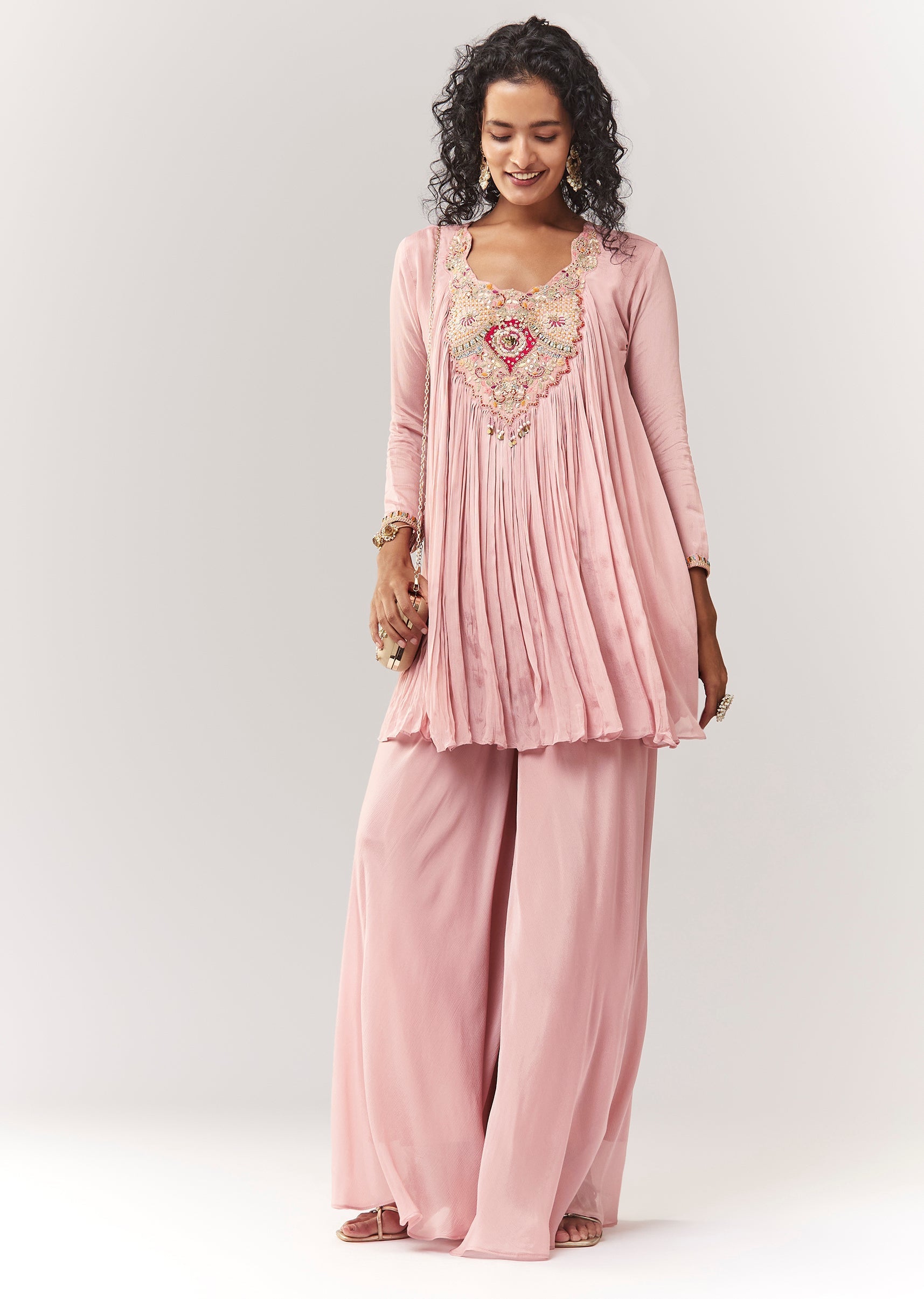 Pink Thread And Zardosi Cape Style Top With Palazzo