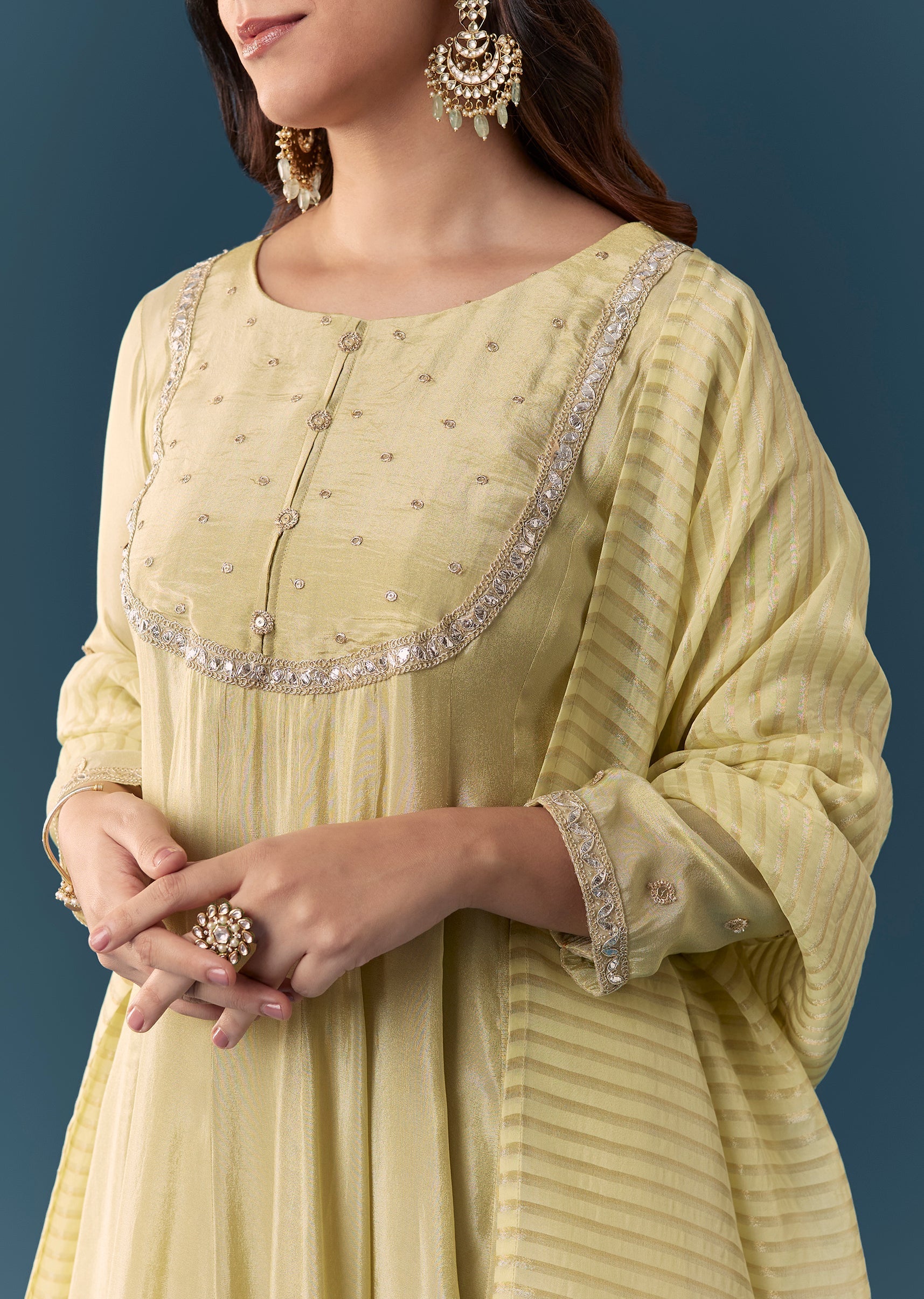 Pista Green Gotta Lace Tissue Anarkali Suit Set With Pant And Dupatta