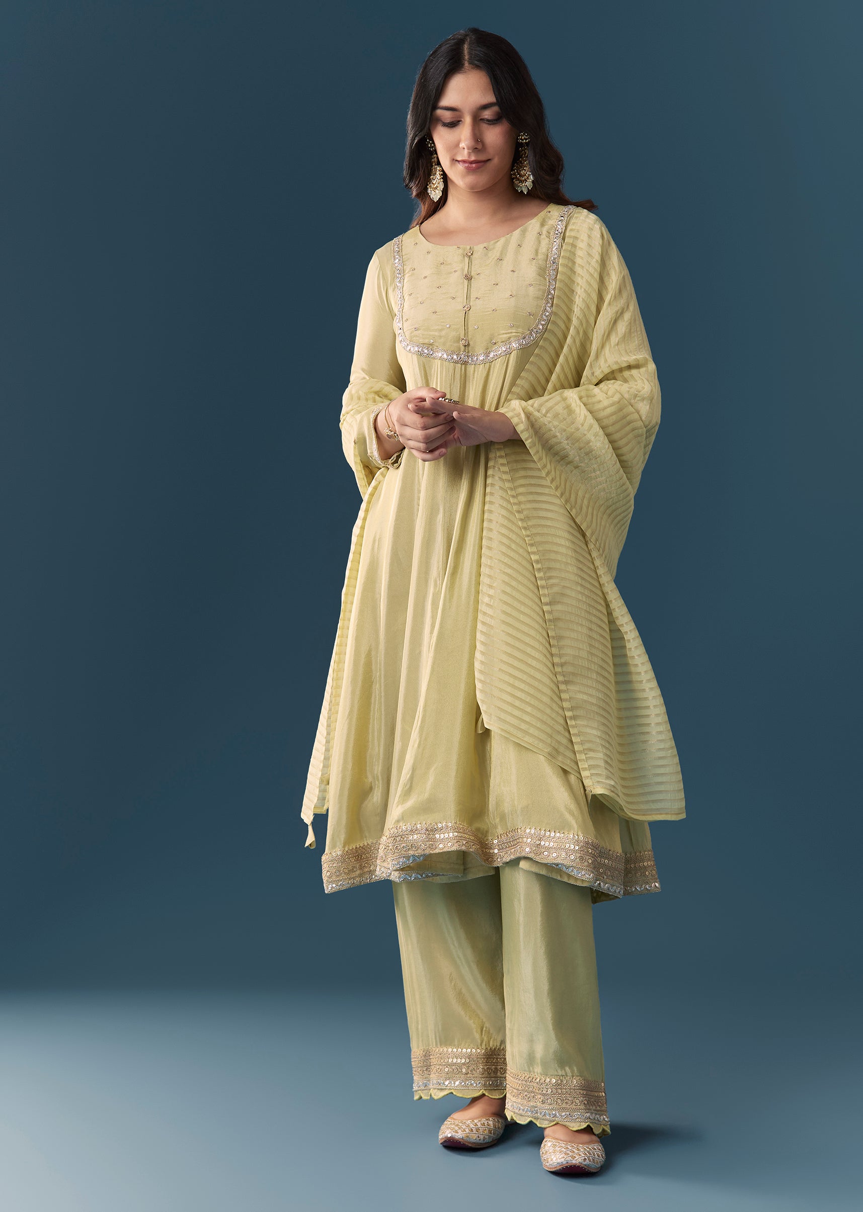 Pista Green Gotta Lace Tissue Anarkali Suit Set With Pant And Dupatta