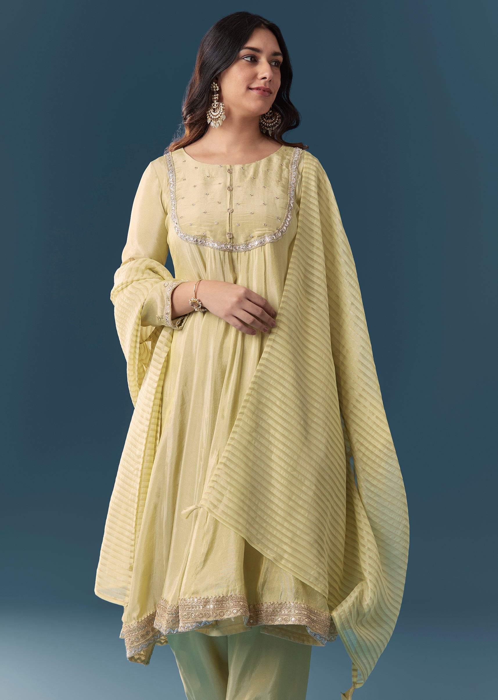 Pista Green Gotta Lace Tissue Anarkali Suit Set With Pant And Dupatta