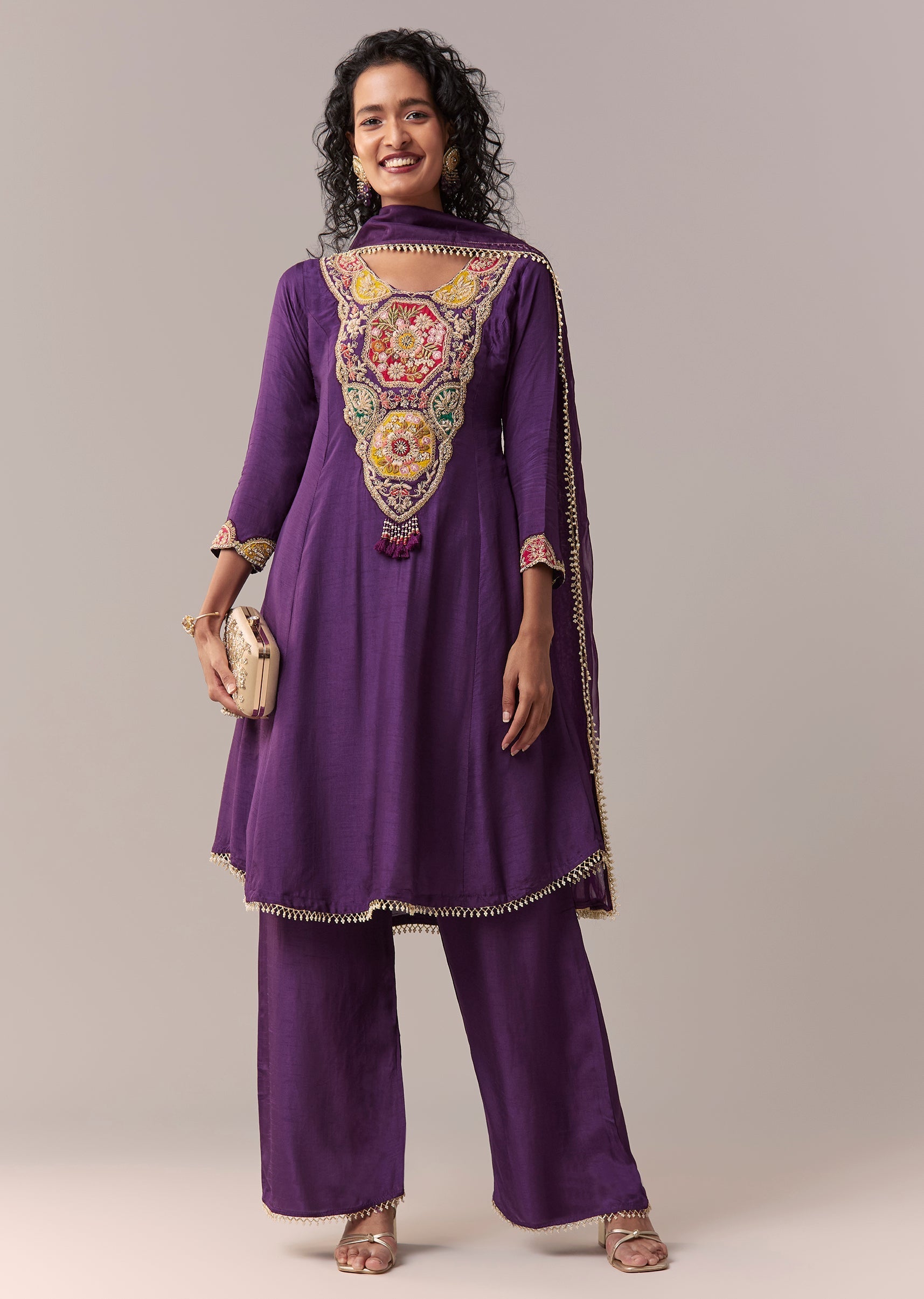 Purple Patchwork Zardosi & Thread Anarkali Set With Dupatta