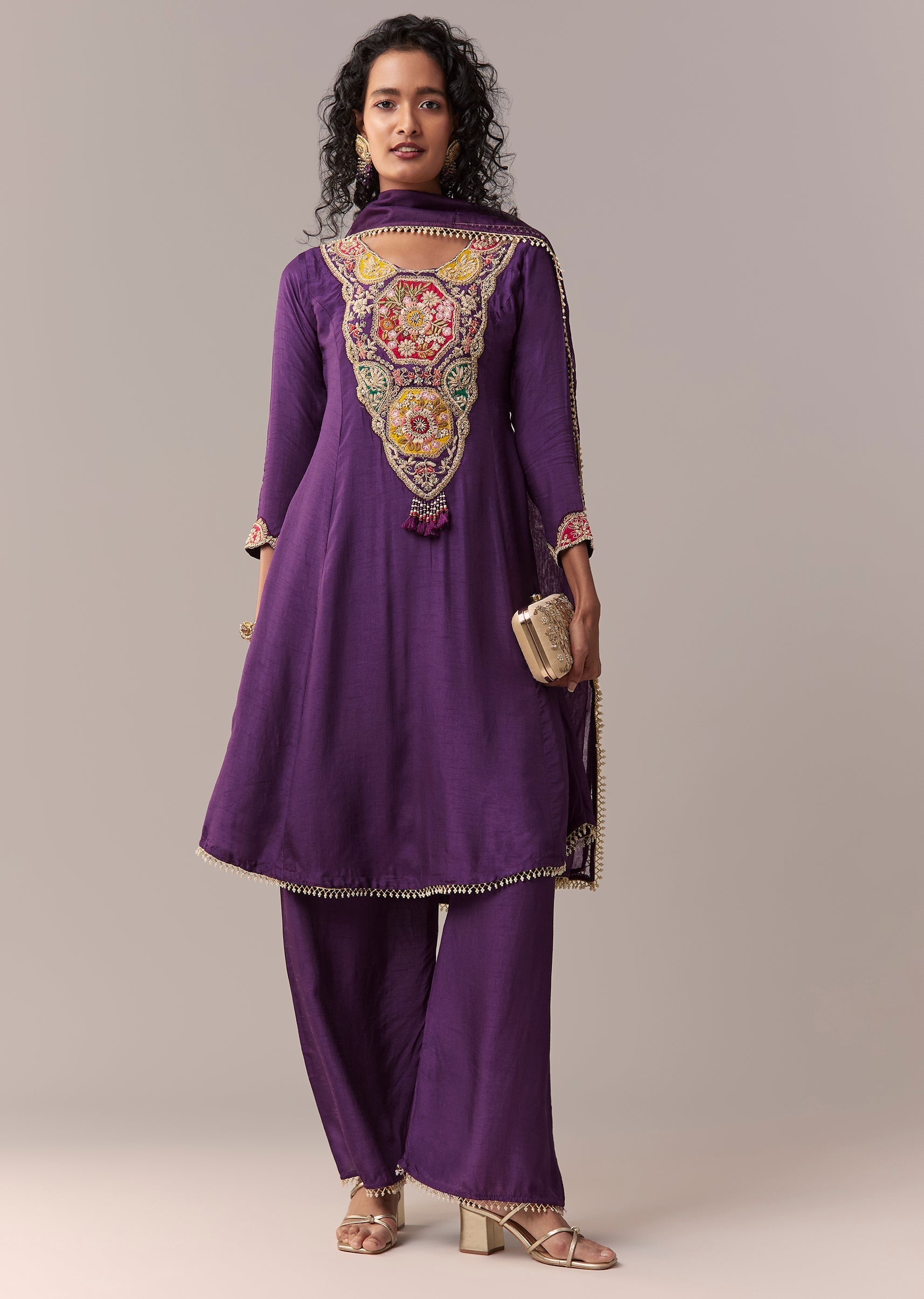 Purple Patchwork Zardosi & Thread Anarkali Set With Dupatta