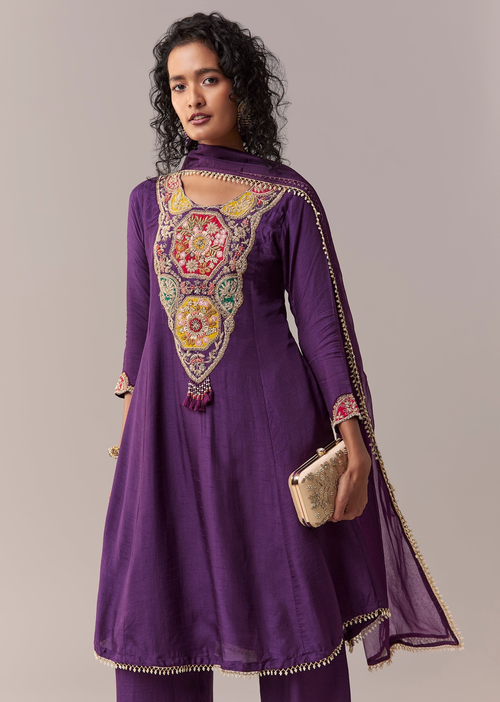 Purple Patchwork Zardosi & Thread Anarkali Set With Dupatta