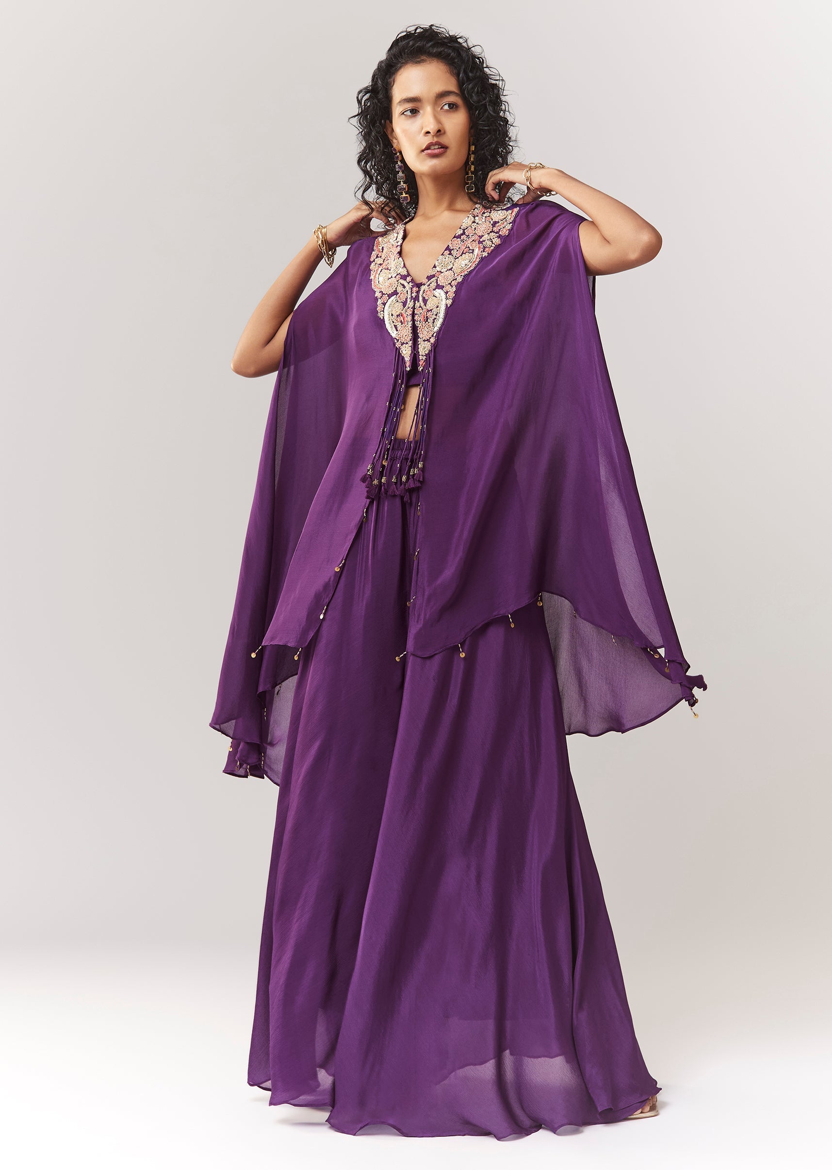 Purple Zardosi And Moti Cape Set With Palazzo
