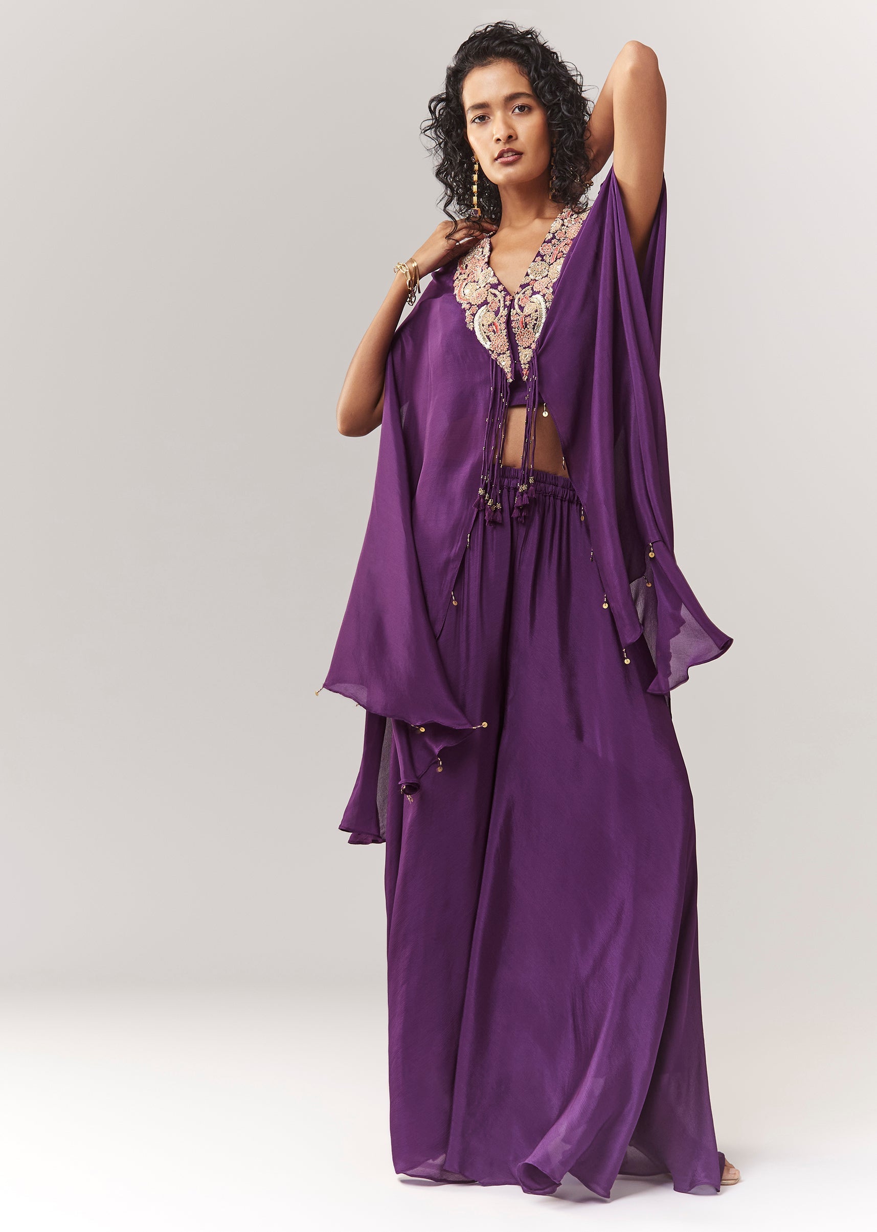 Purple Zardosi And Moti Cape Set With Palazzo