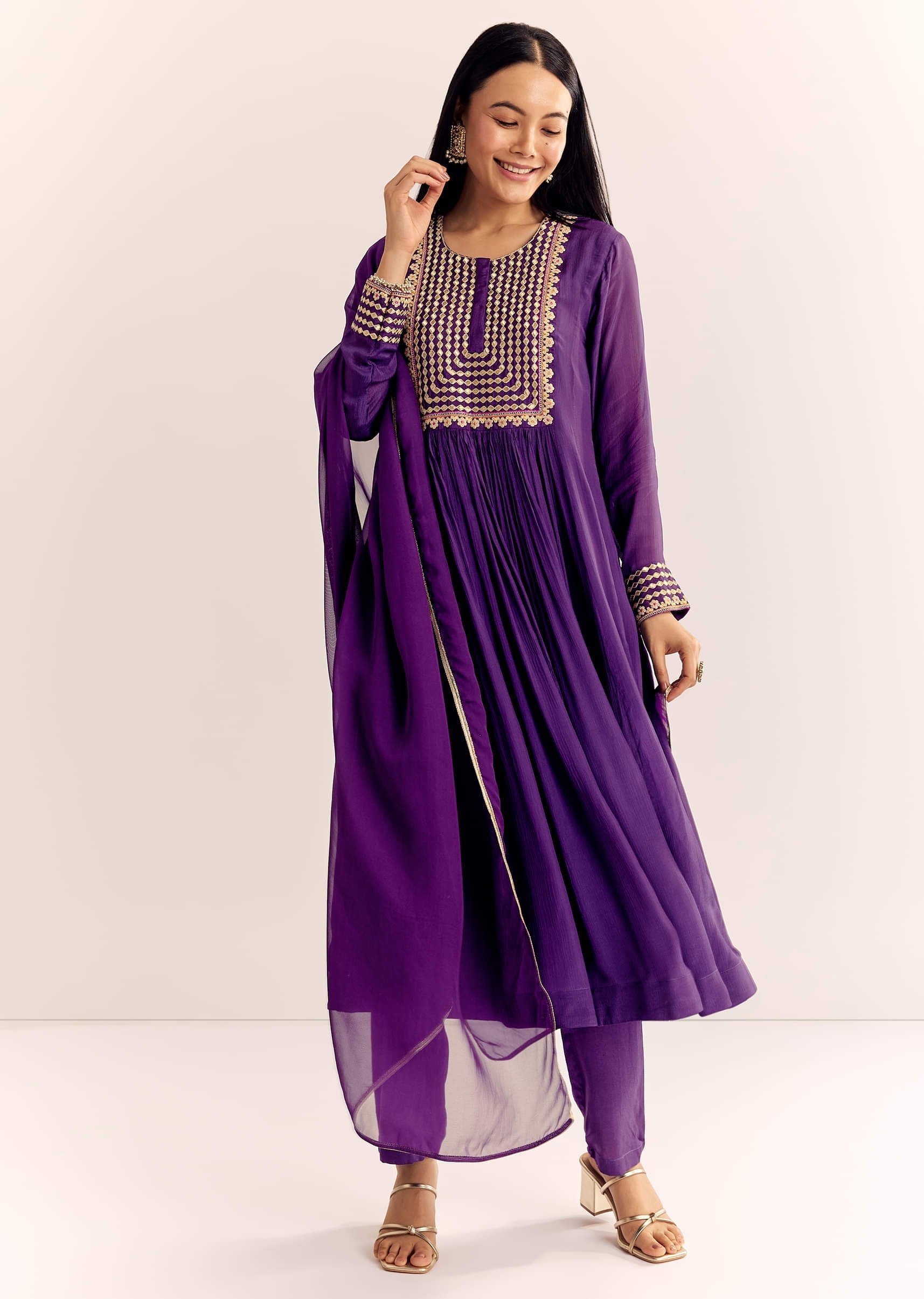 Purple Zari Neckline Chinon Anarkali Suit With Organza Dupatta