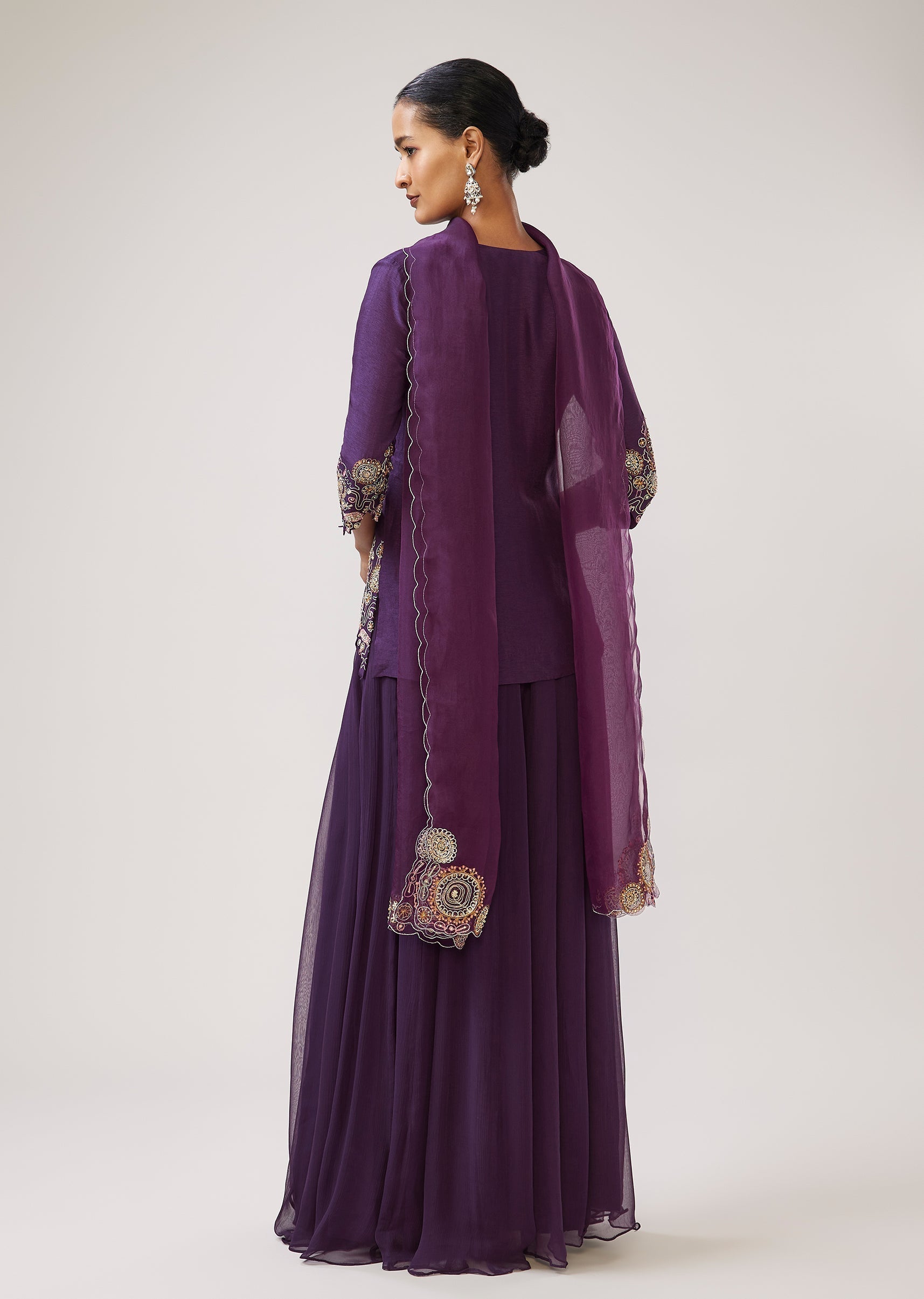 Purple Zari Resham Palazzo Set In Silk With Dupatta