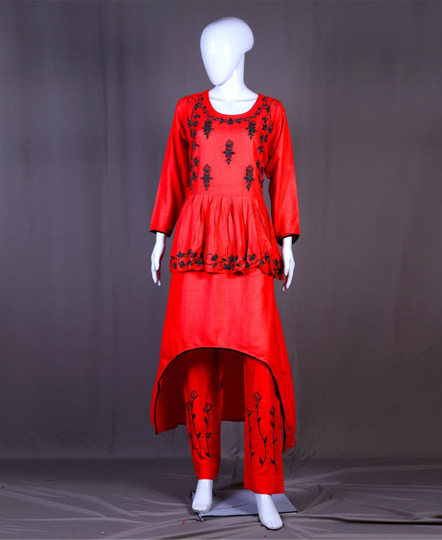 Red Rayon moti hand work Kurti Set