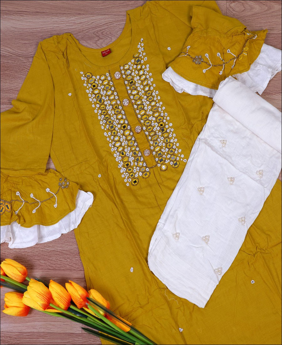Zardosi hand work Yellow color Rayon Kurti Set