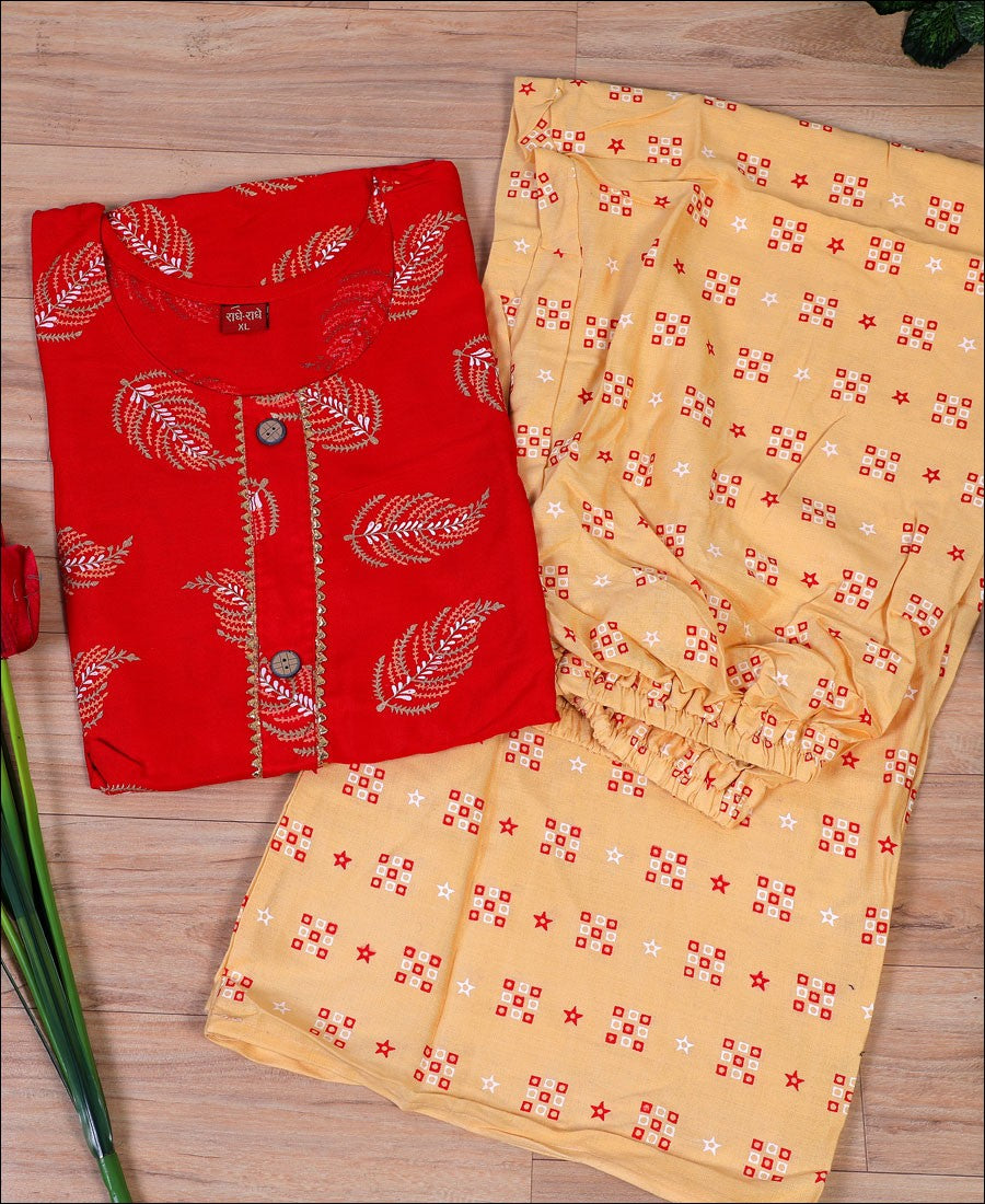 Red Rayon block print work Kurti Set