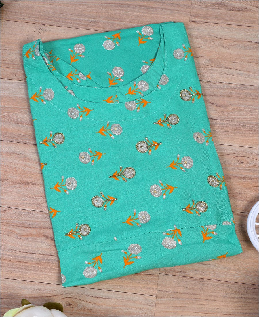 Light Green Coloured Cotton Block Print With Hand Work Kurti