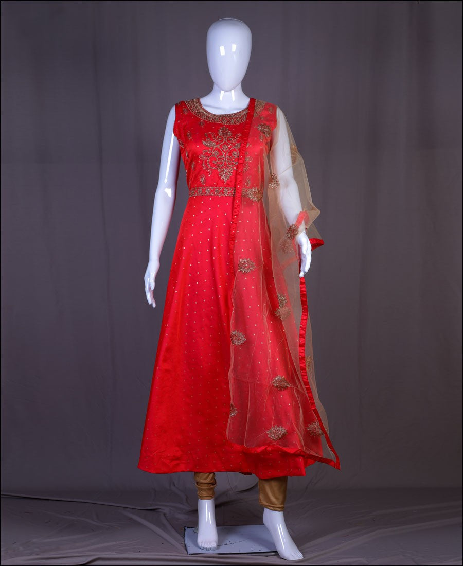 Red Coloured Cotton Zari Embroidery Work Kurti Set