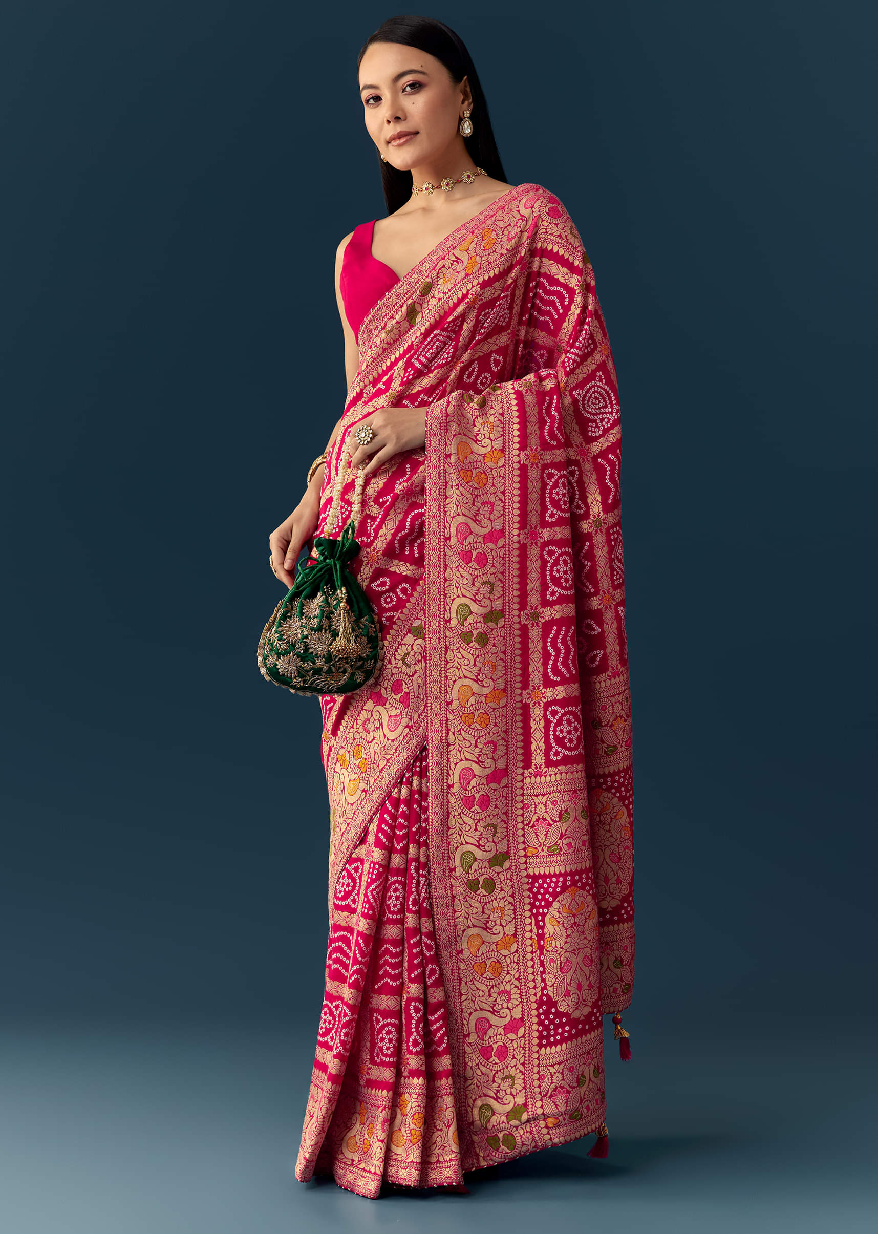 Rani Pink Dola Silk Bandhani Woven Saree with Unstitched Blouse