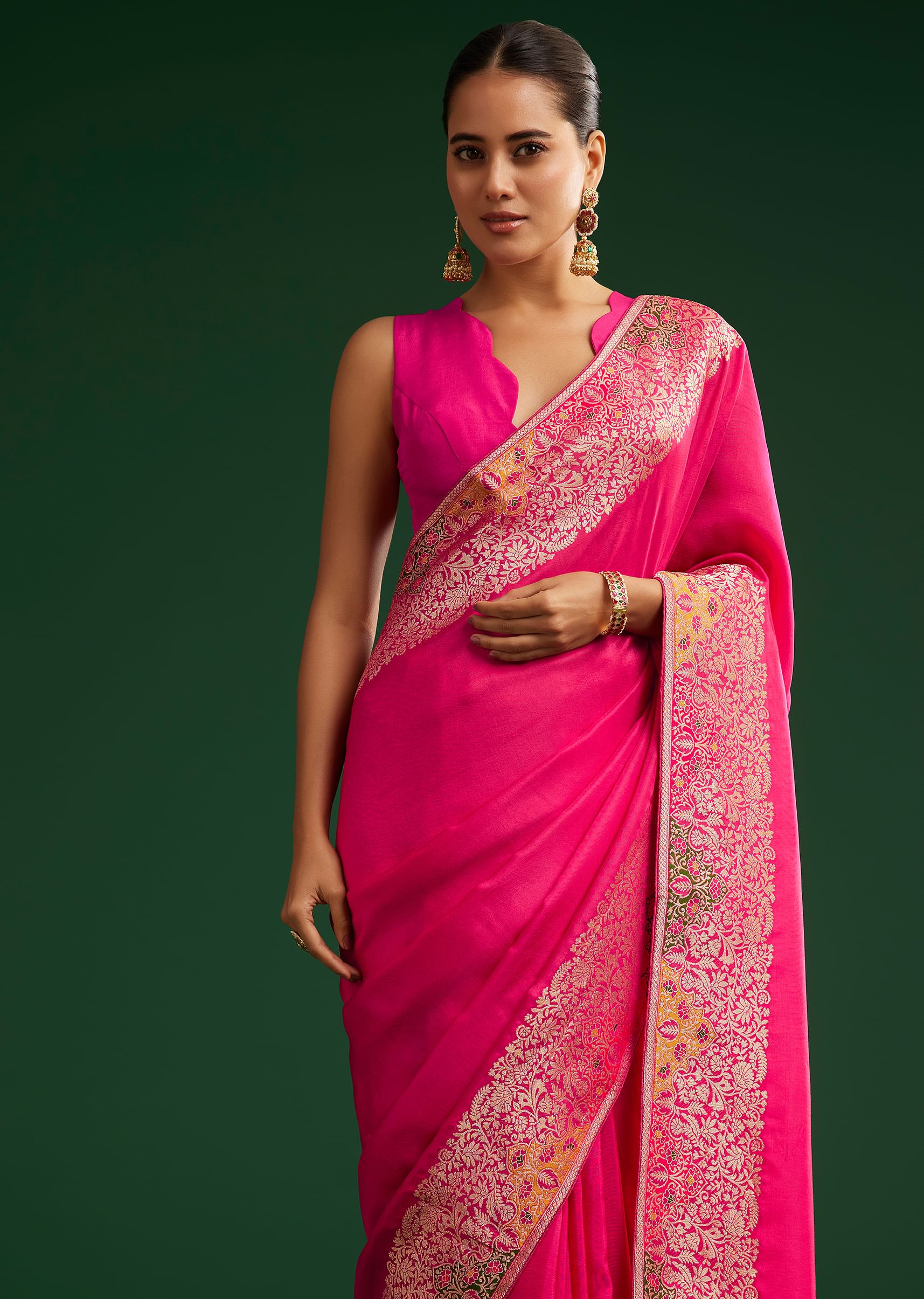 Rani Pink Dola Silk Saree With Zari Detailing