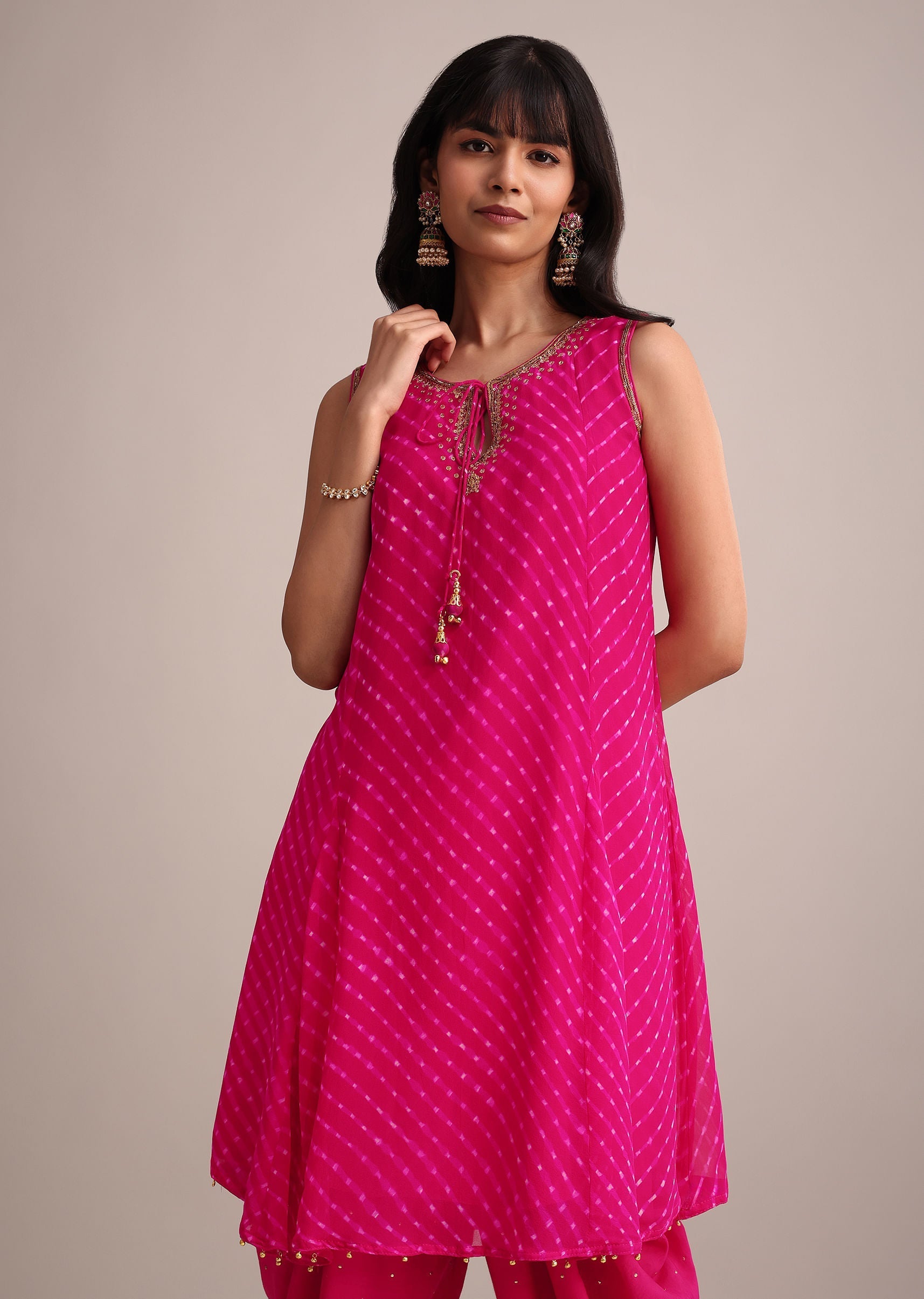 Rani Pink Leheriya Printed Kurta Dhoti Set