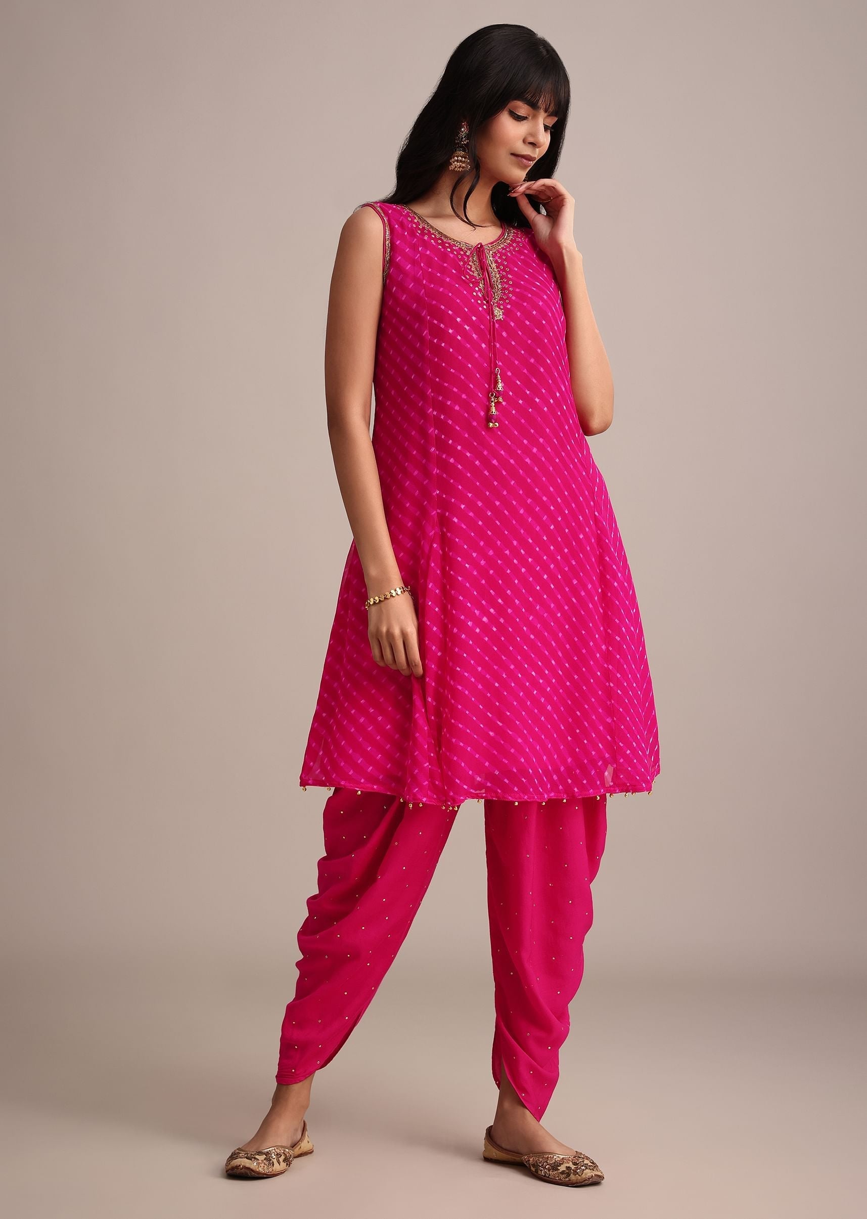 Rani Pink Leheriya Printed Kurta Dhoti Set