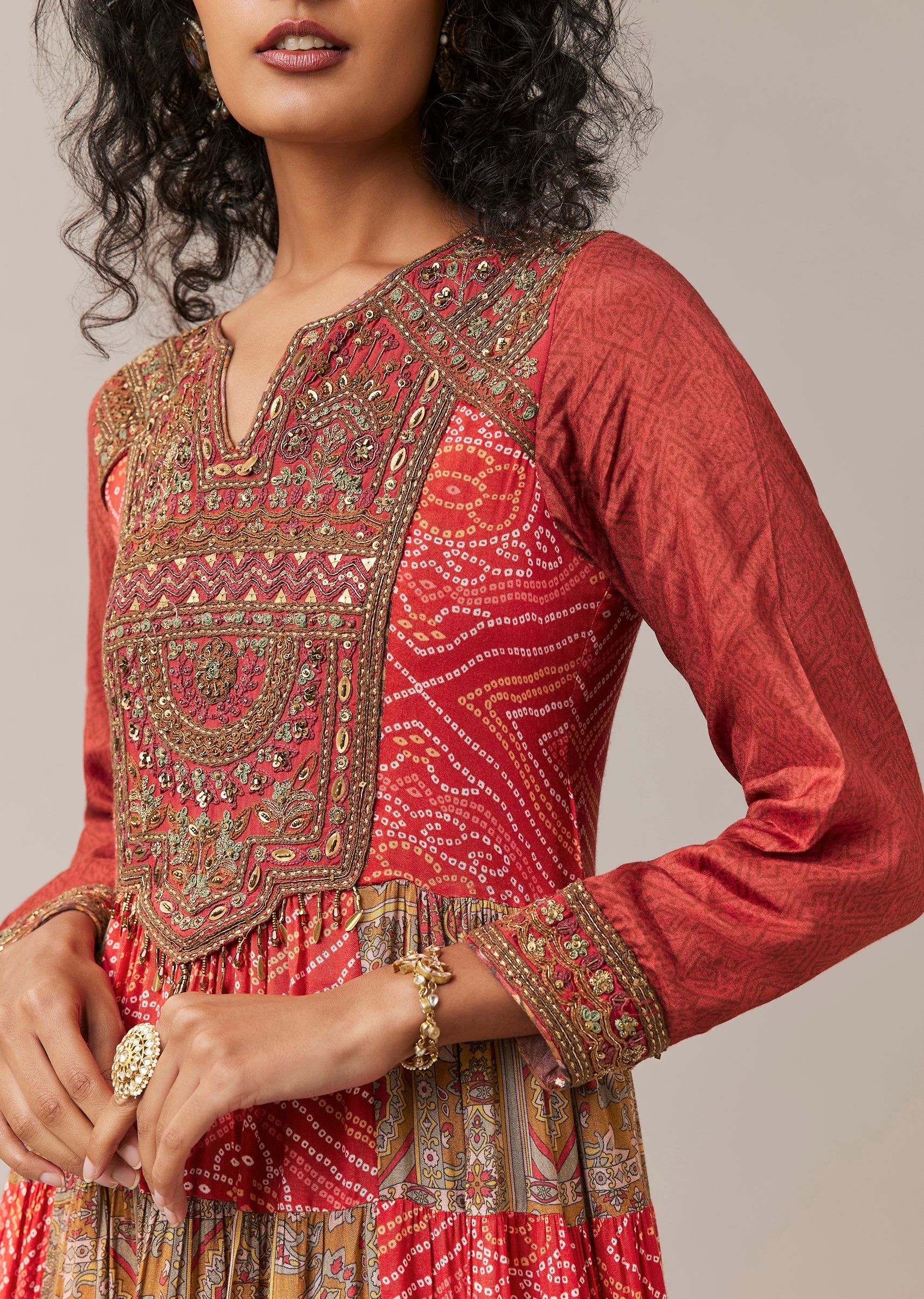 Red Bandhani and Floral Print Silk Long Kurti
