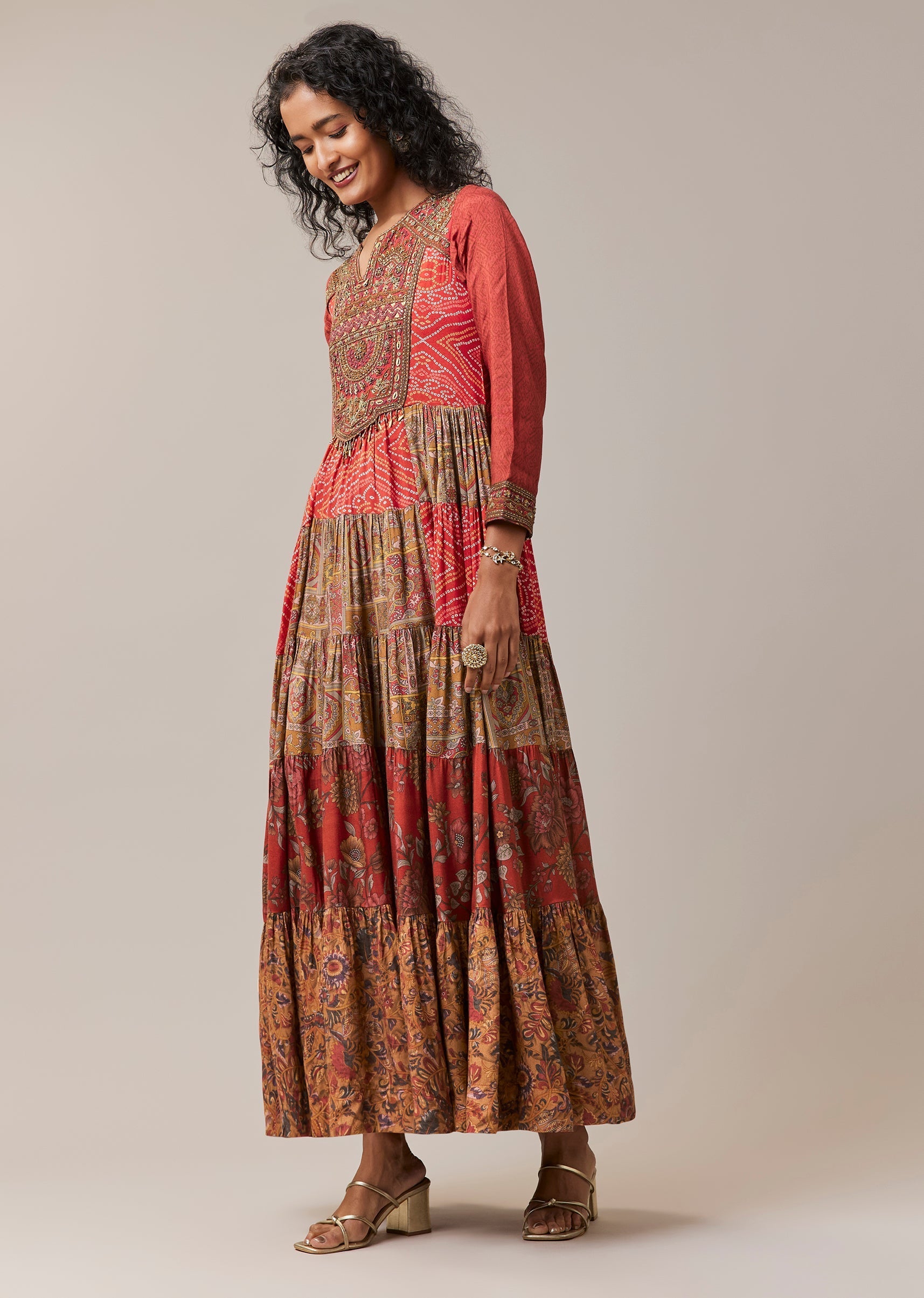 Red Bandhani and Floral Print Silk Long Kurti