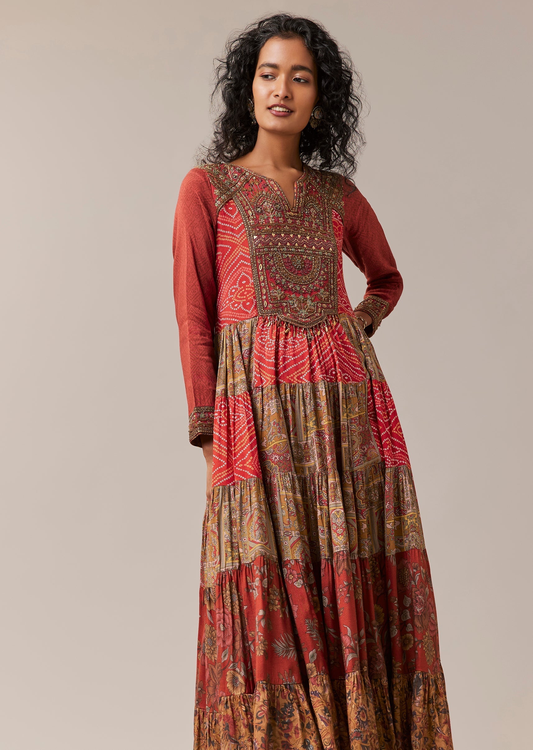 Red Bandhani and Floral Print Silk Long Kurti