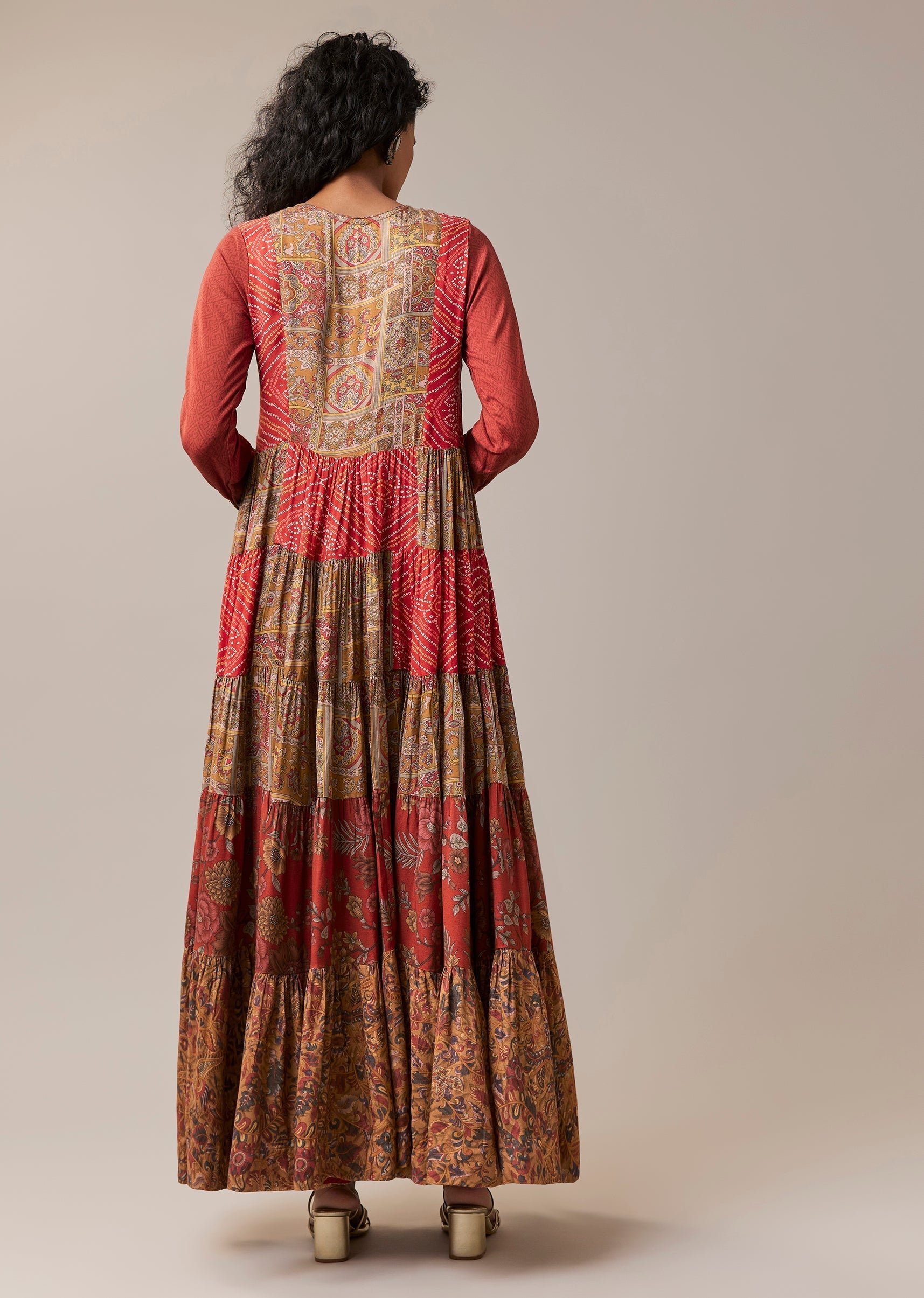 Red Bandhani and Floral Print Silk Long Kurti