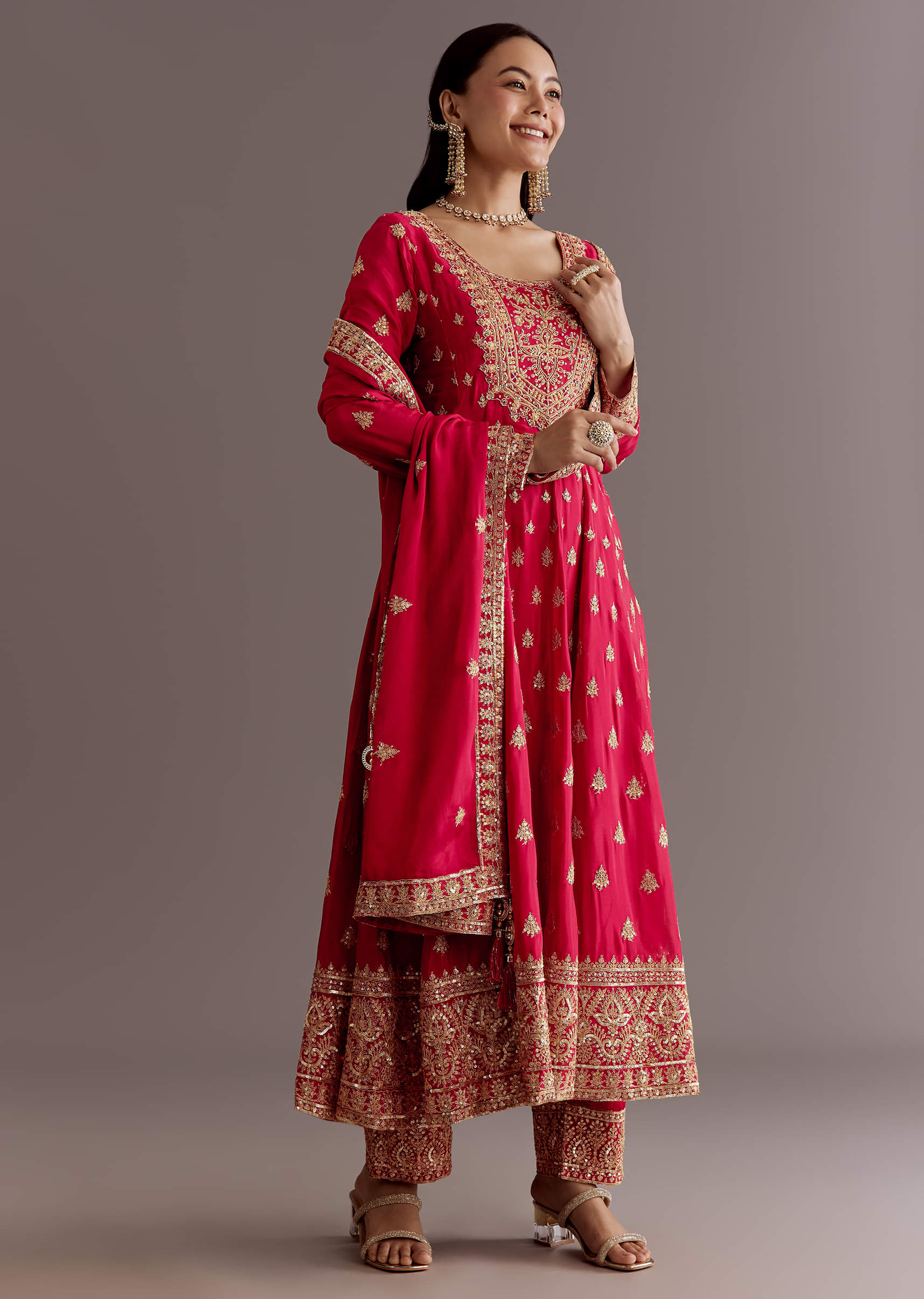 Red Chinon Zari Sequin Anarkali Suit With Dupatta