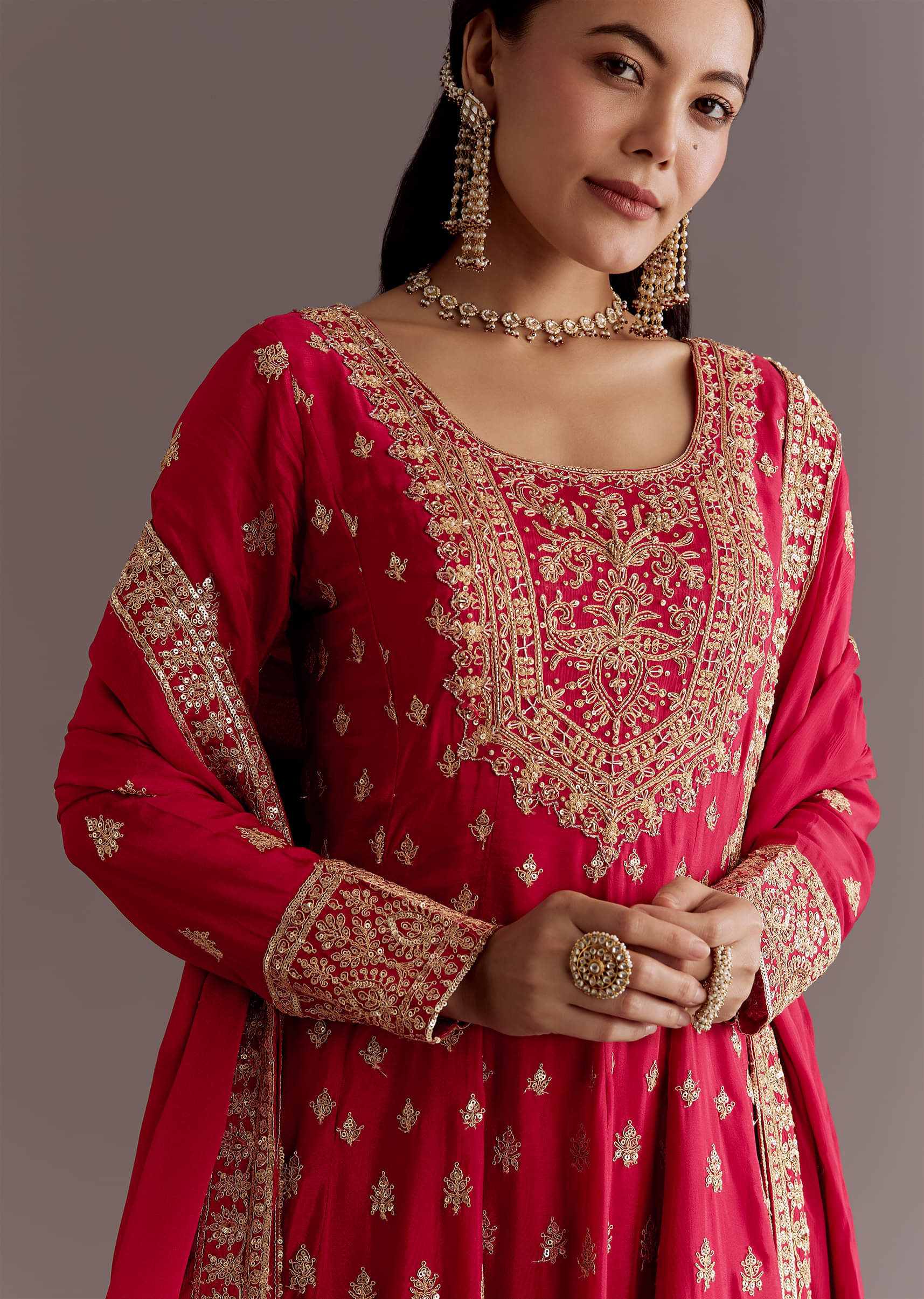 Red Chinon Zari Sequin Anarkali Suit With Dupatta