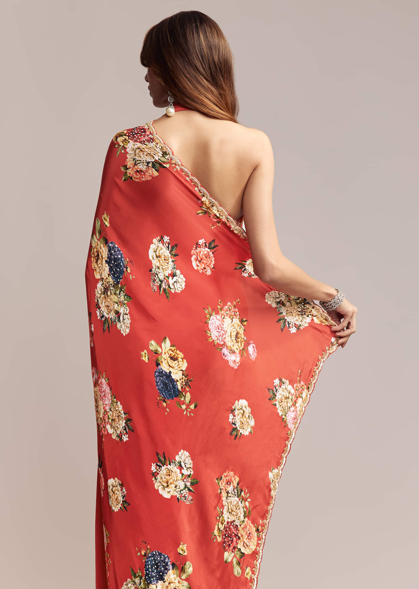 Red Crepe Saree With Floral Print Cutdana Embroidery