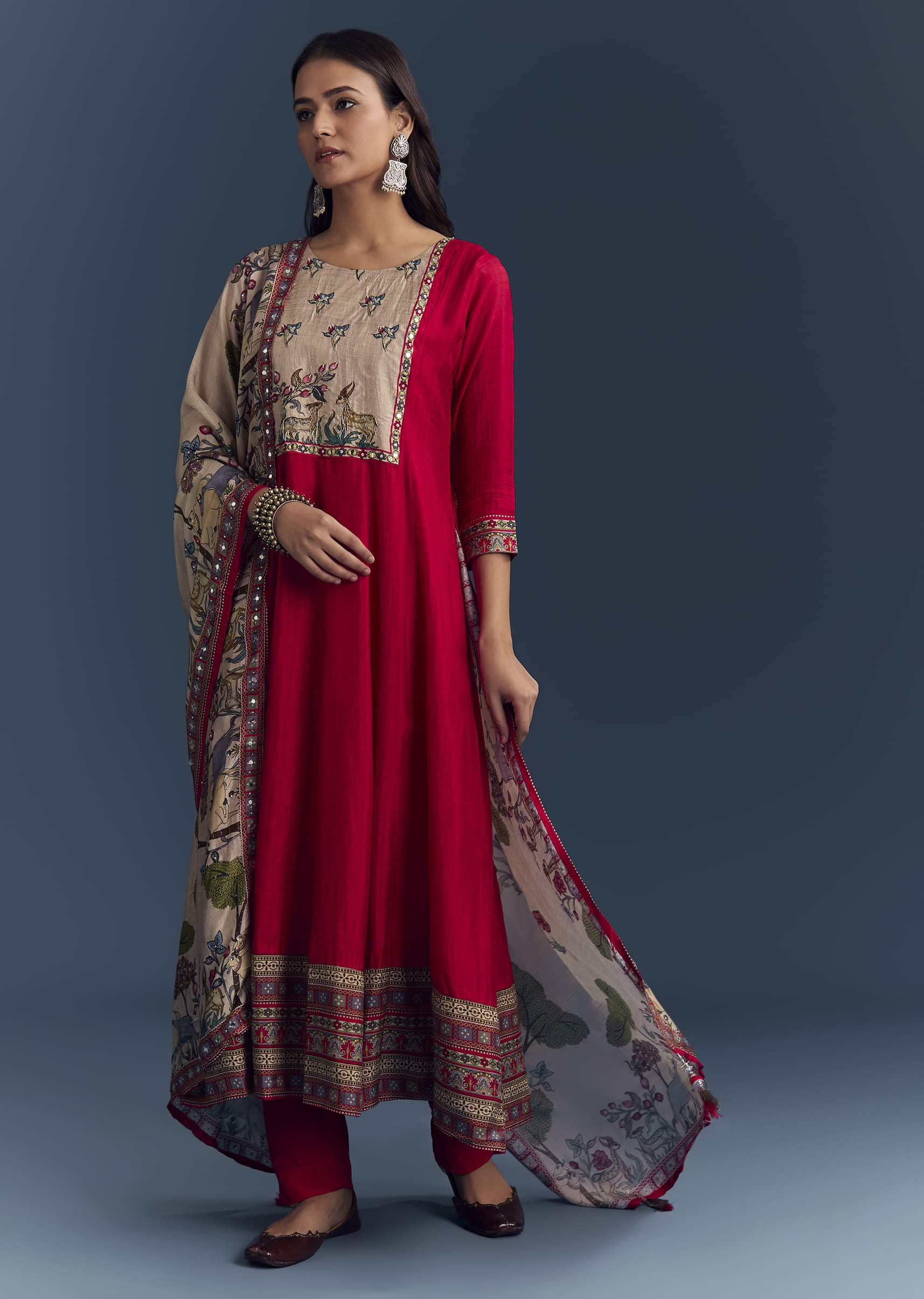 Red Dola Silk Printed Anarkali Suit With Intricate Hand Embroidery
