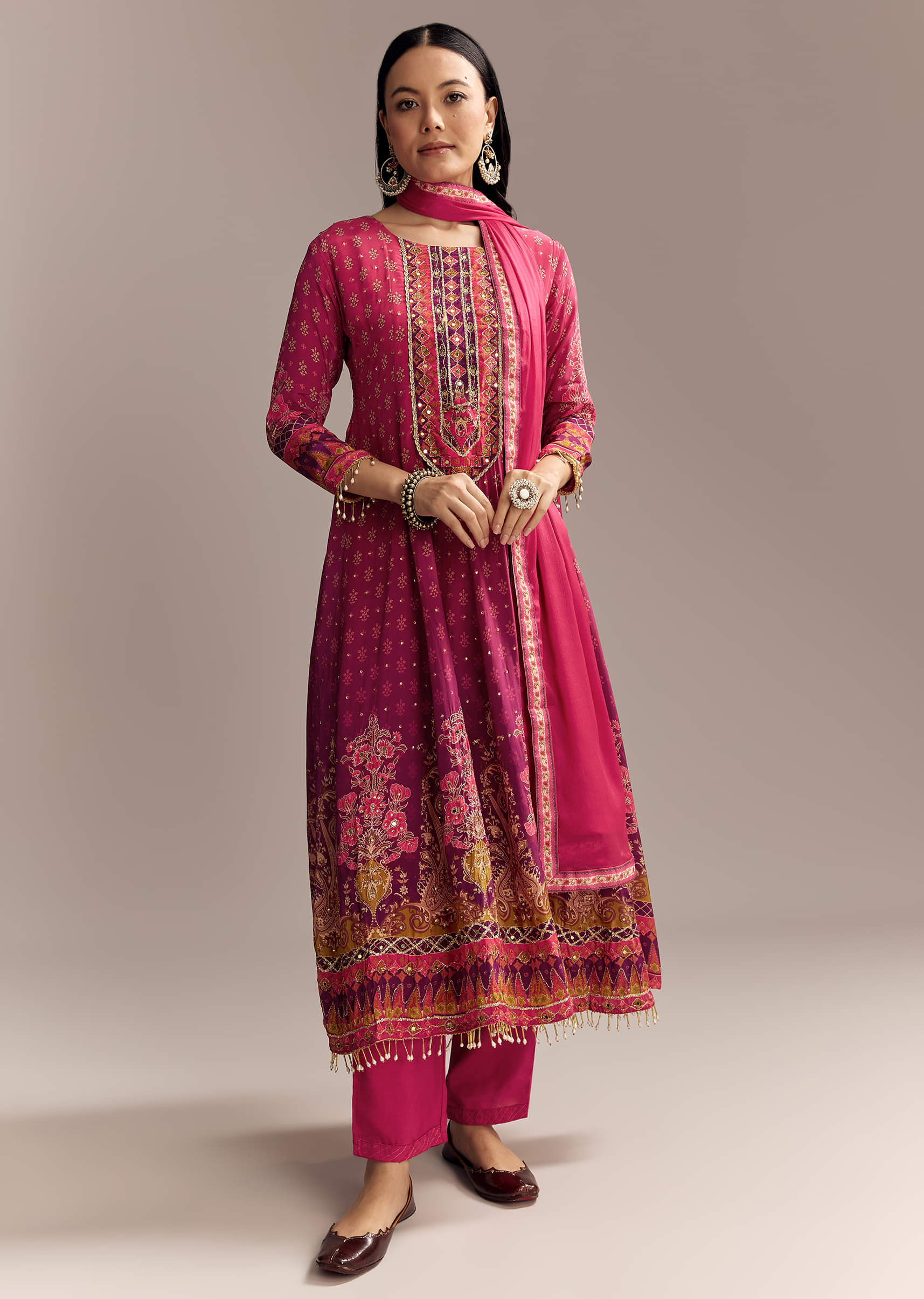 Red Ombre Crepe Printed Anarkali Suit With Embroidery And Tassels