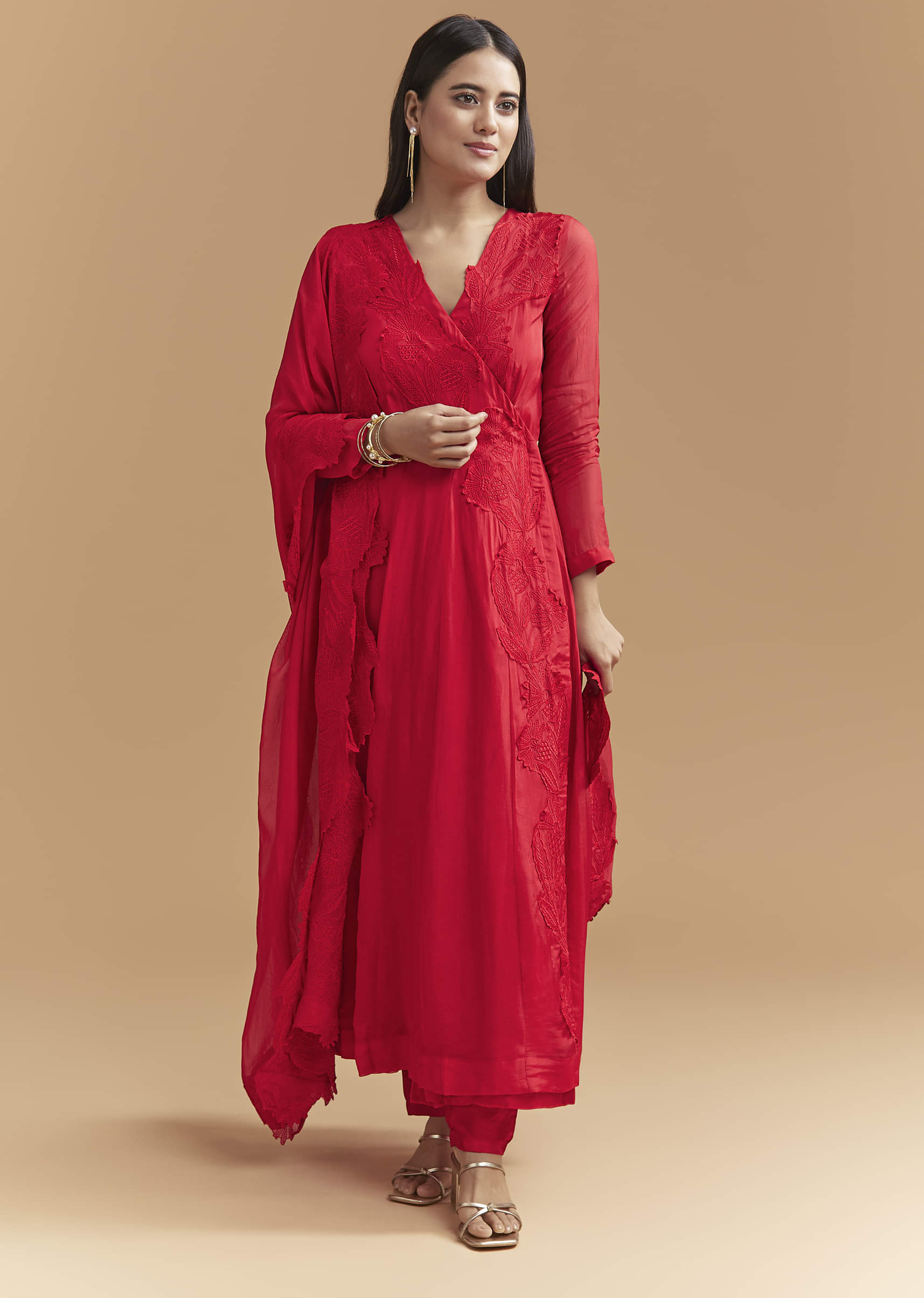 Red Organza Anarkali Suit With Intricate Resham Work