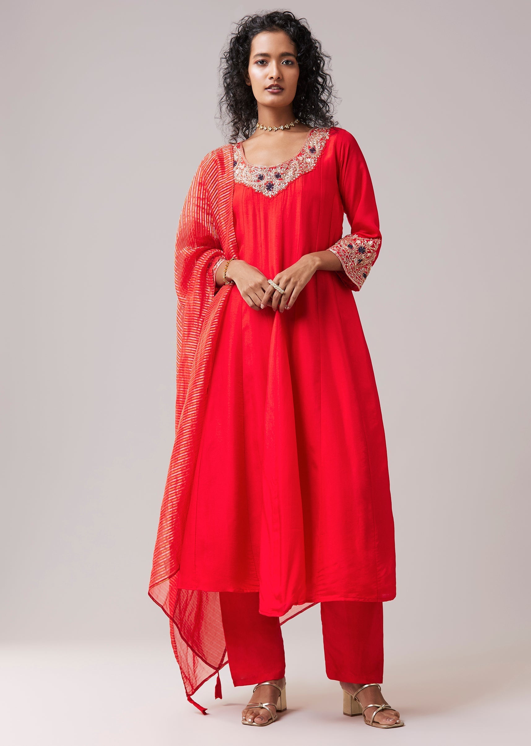 Red Silk Cutdana Work Anarkali Set