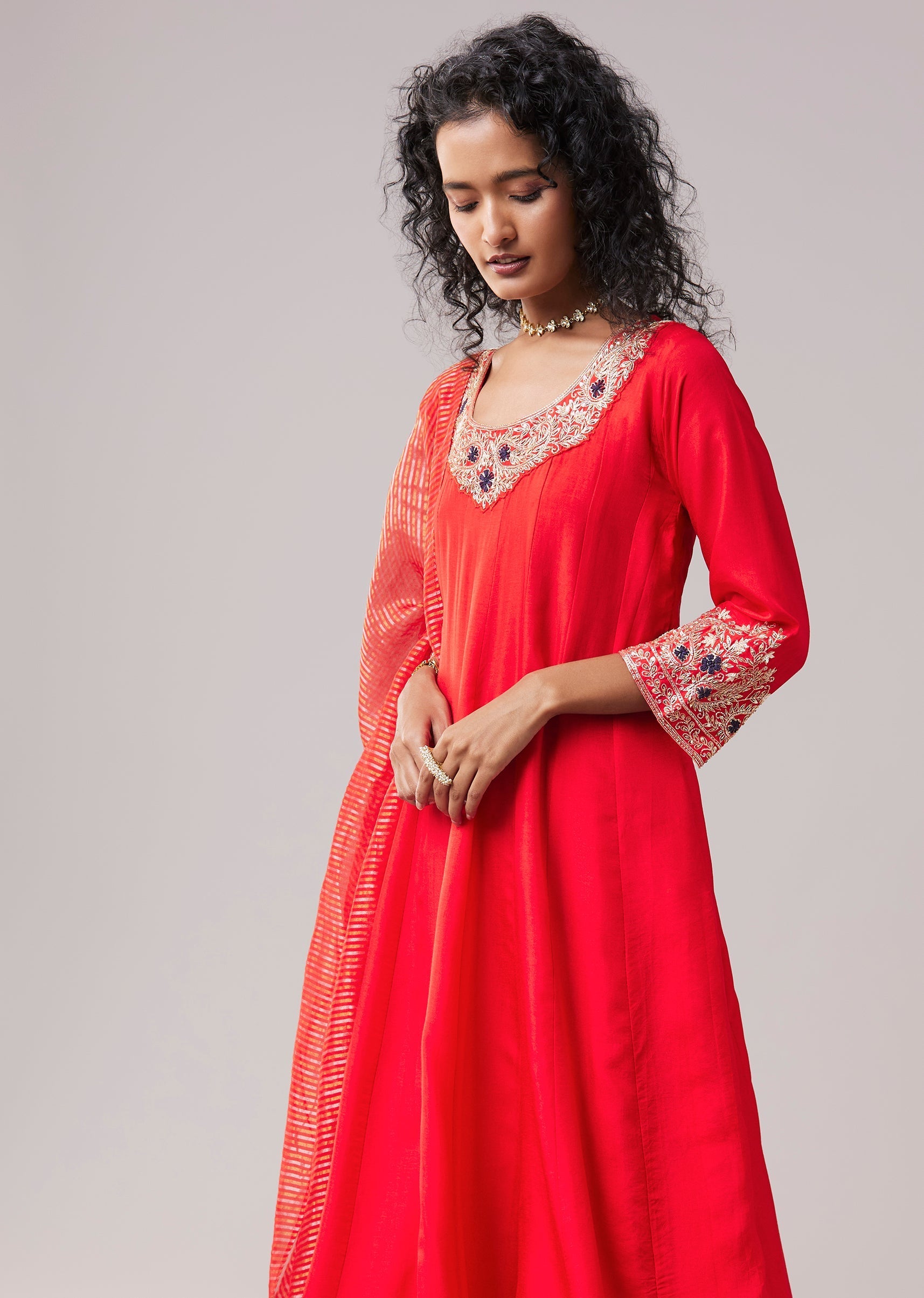Red Silk Cutdana Work Anarkali Set