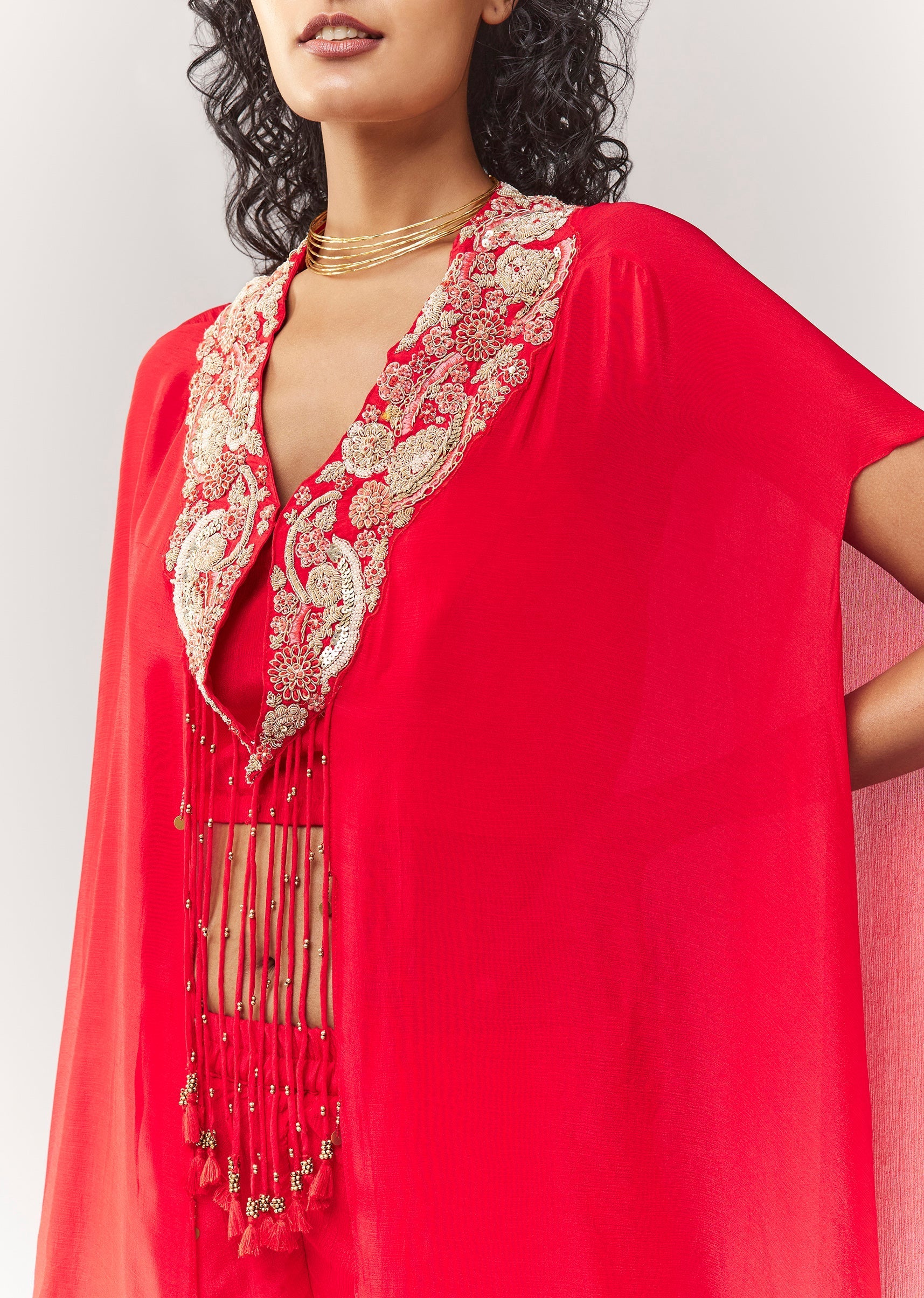 Red Zardosi And Moti Cape Set With Palazzo