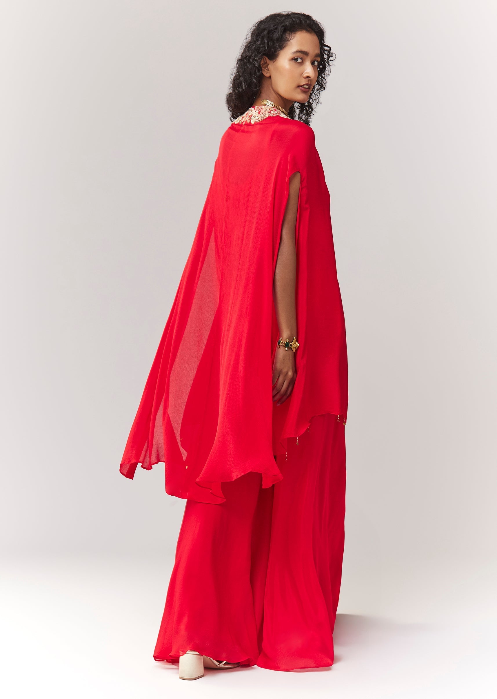 Red Zardosi And Moti Cape Set With Palazzo