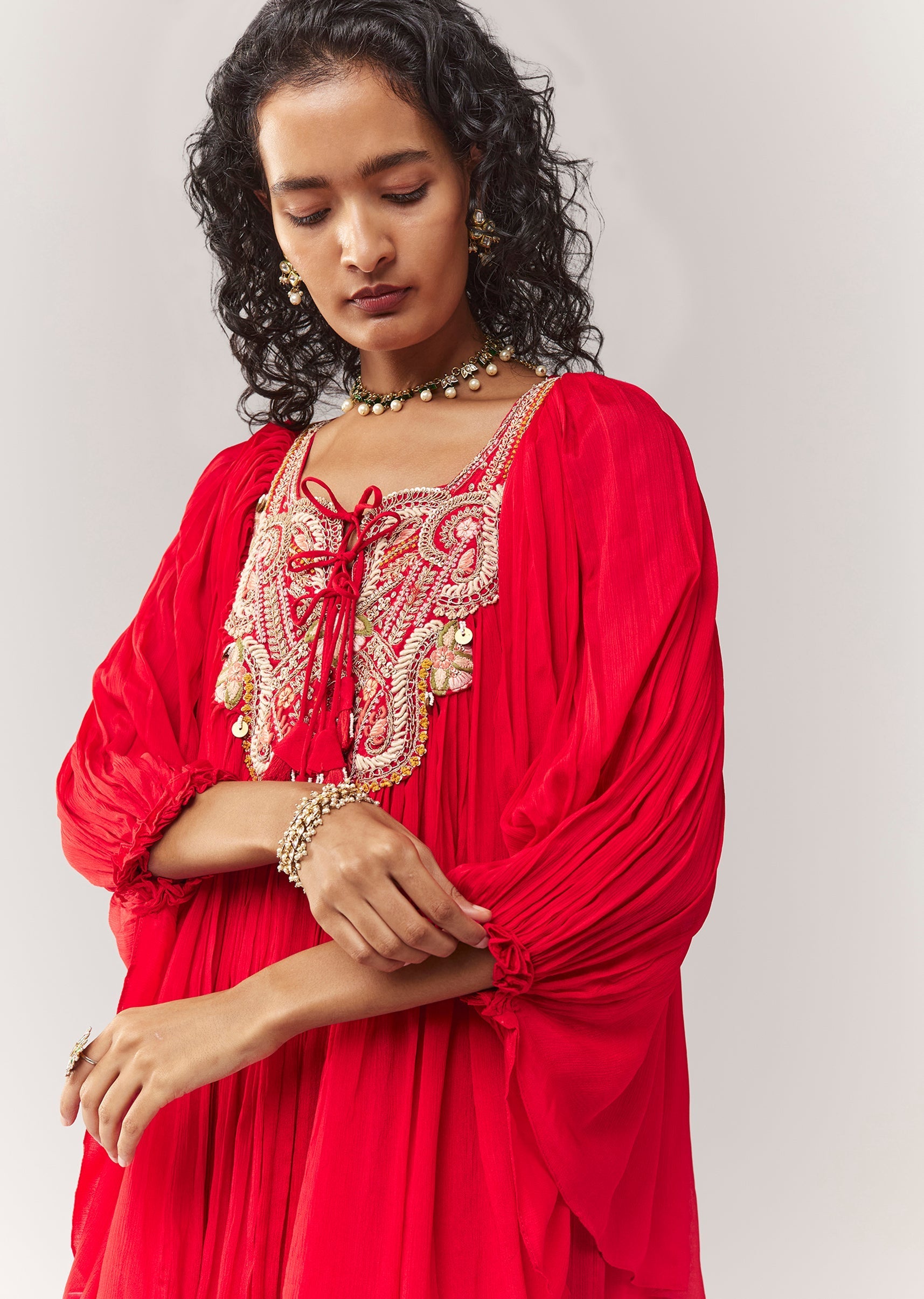 Red Zardosi And Thread Work A line Cape Set With Palazzo