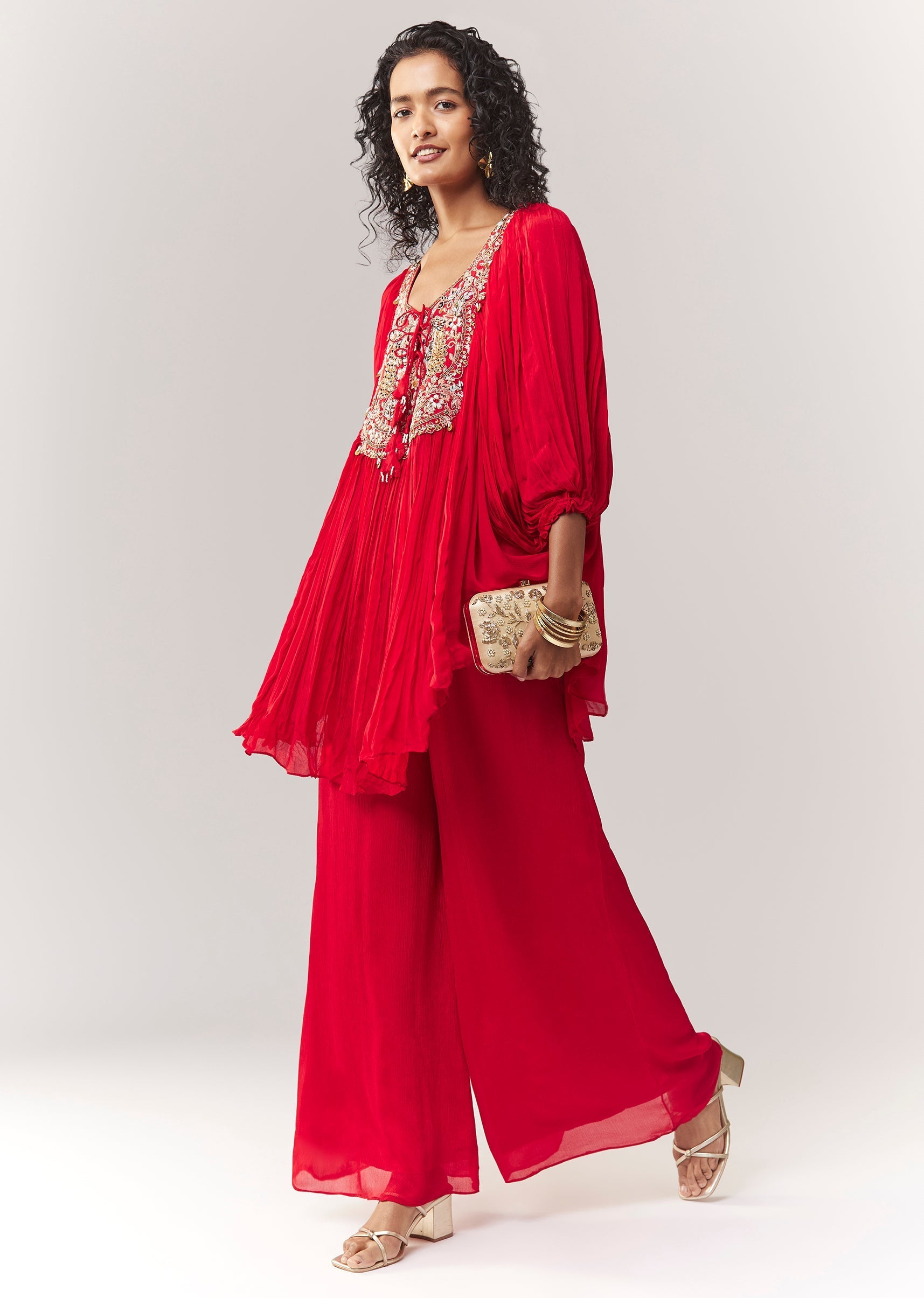 Red Zardosi And Thread Work Cape Set With Palazzo