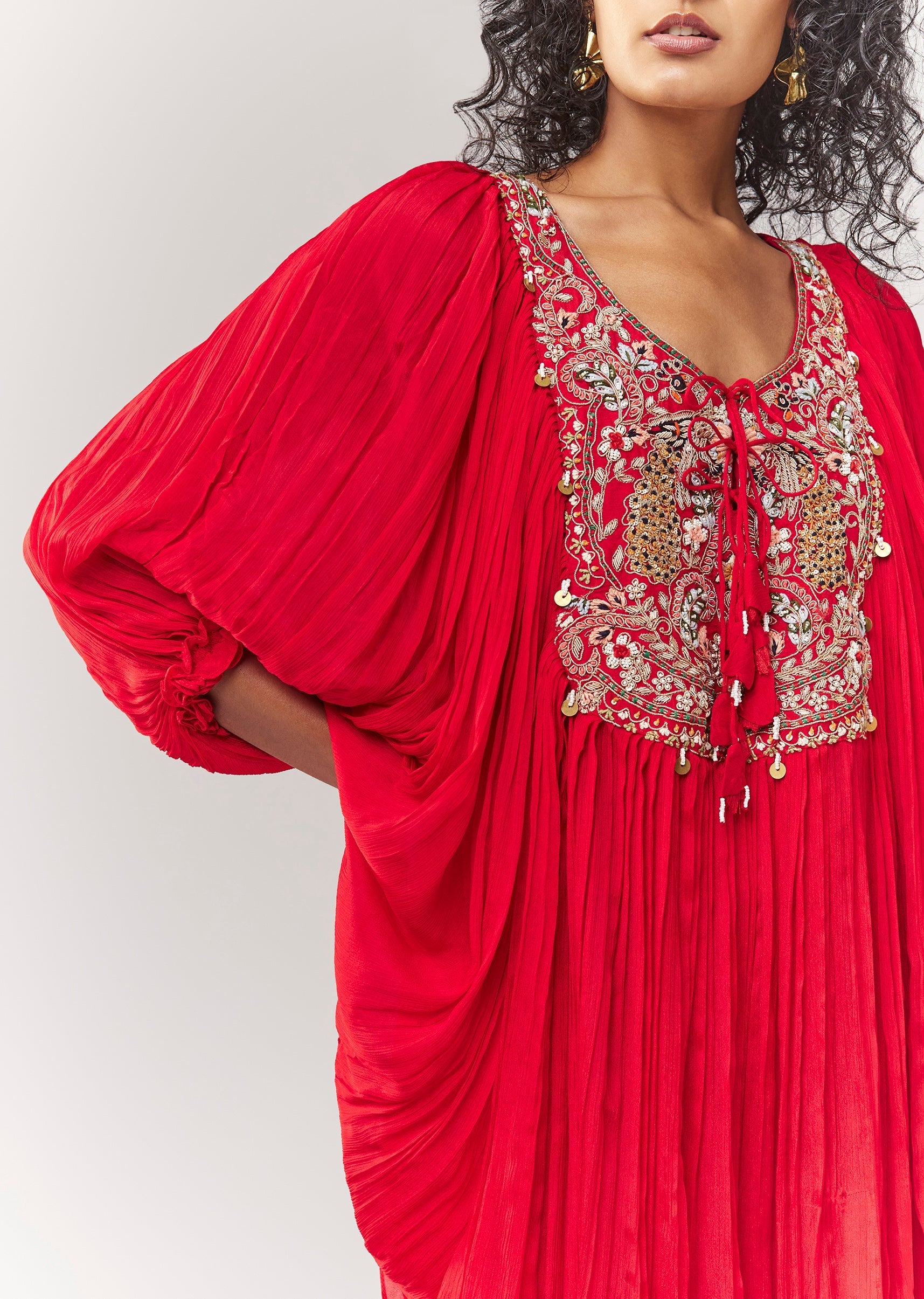Red Zardosi And Thread Work Cape Set With Palazzo