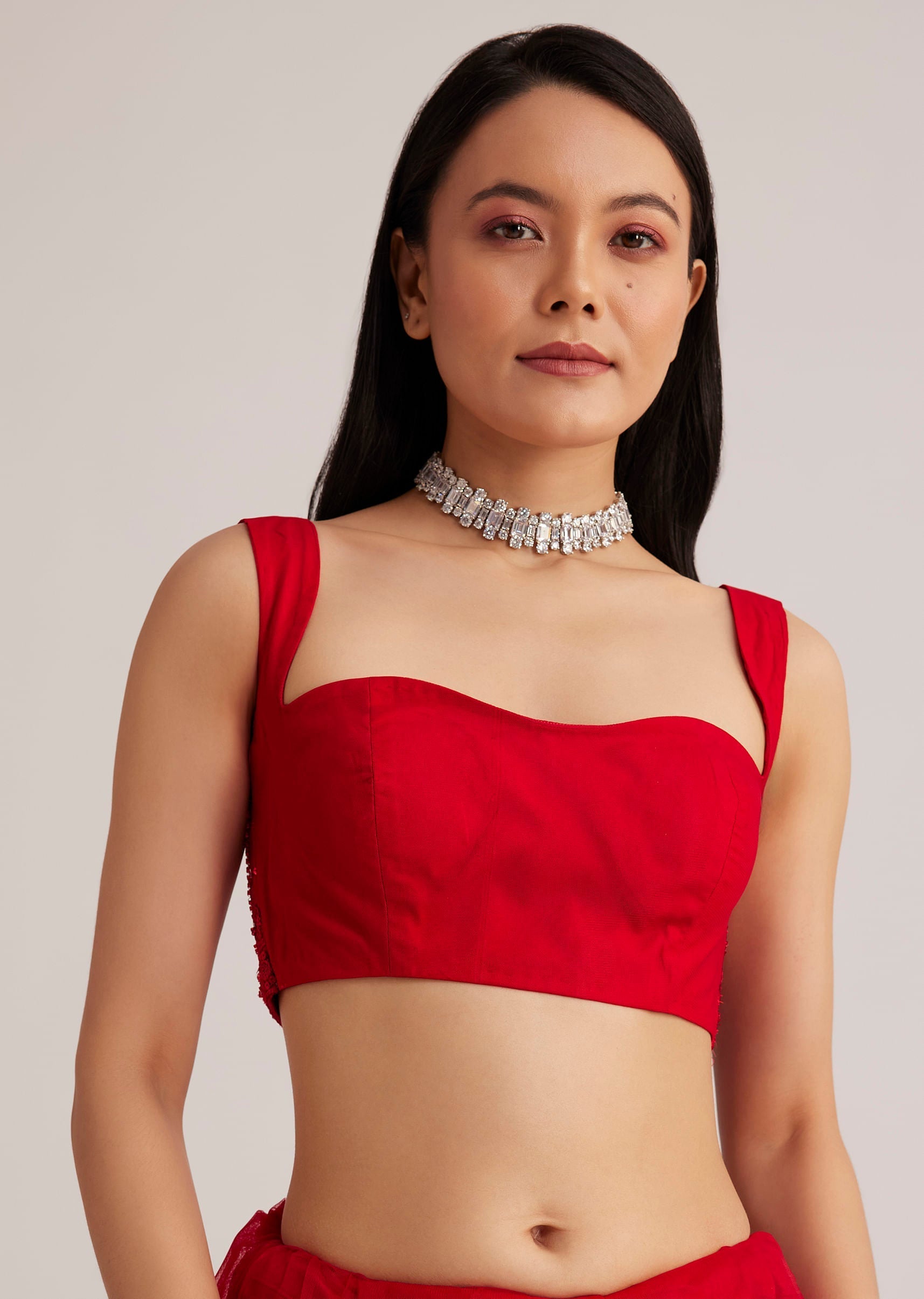 Red Net Saree With Sequins And Stone Detailing