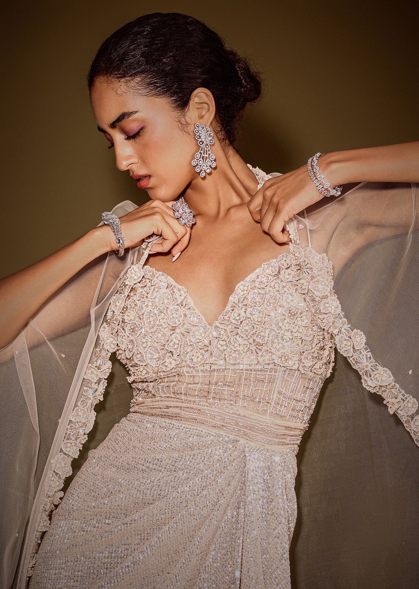 Rose Gold Shimmer Corset Gown With And Embellished Cape