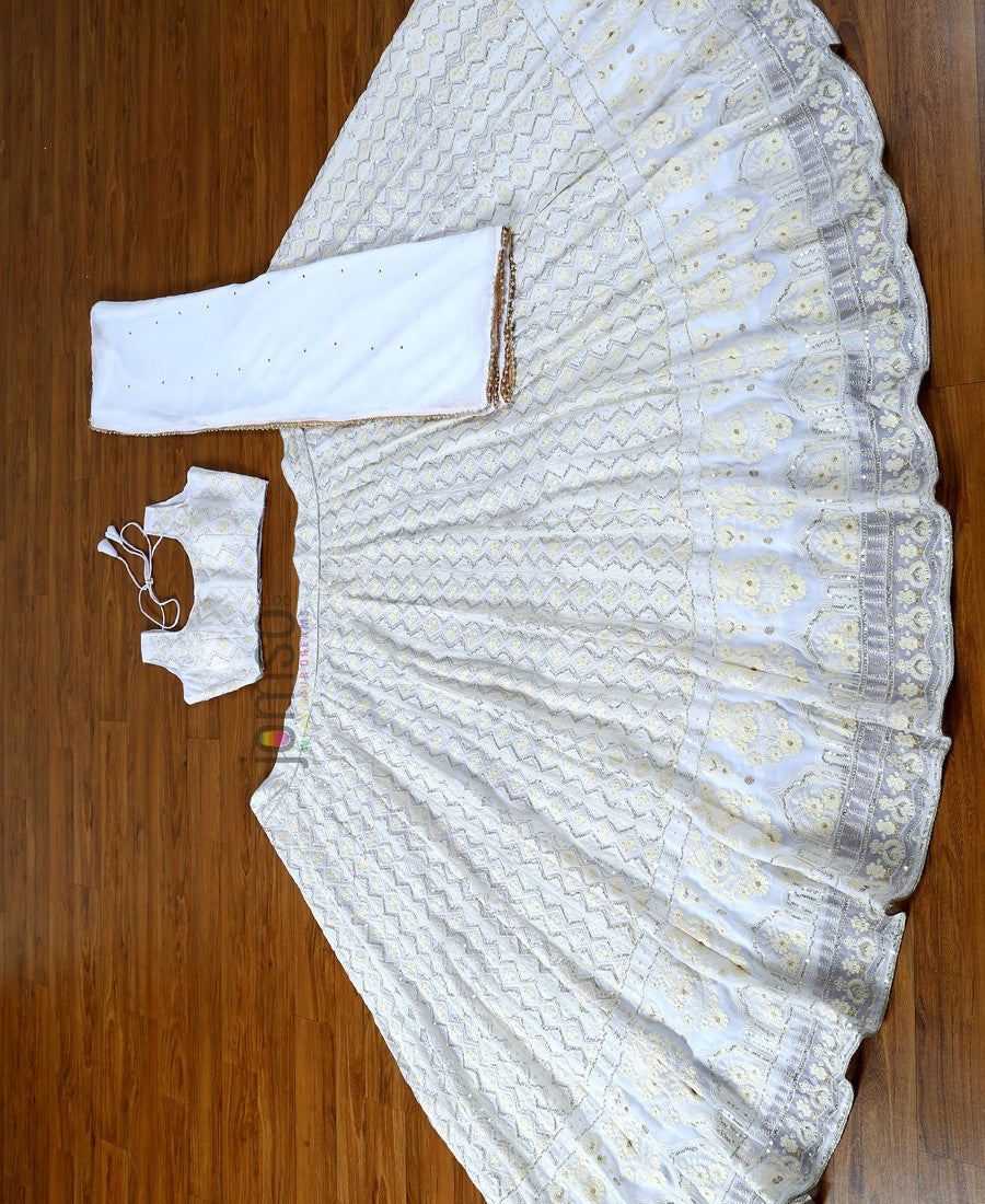 White Partywear Embroidered Work Georgette Lehenga Choli
