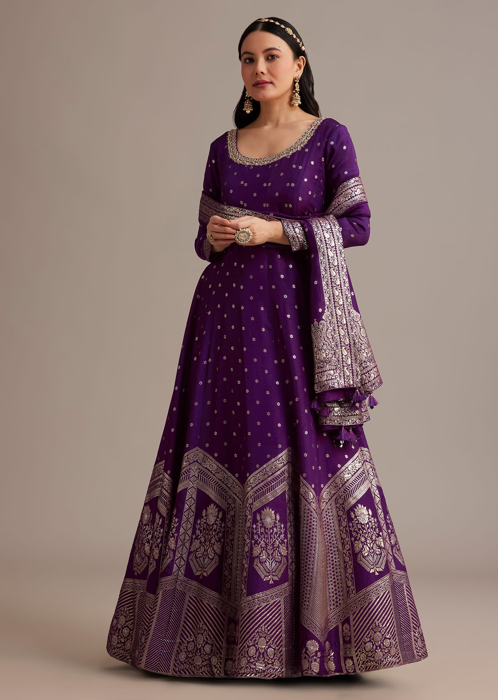 Dark Purple Gold Weave Anarkali Set With Banarasi Dupatta