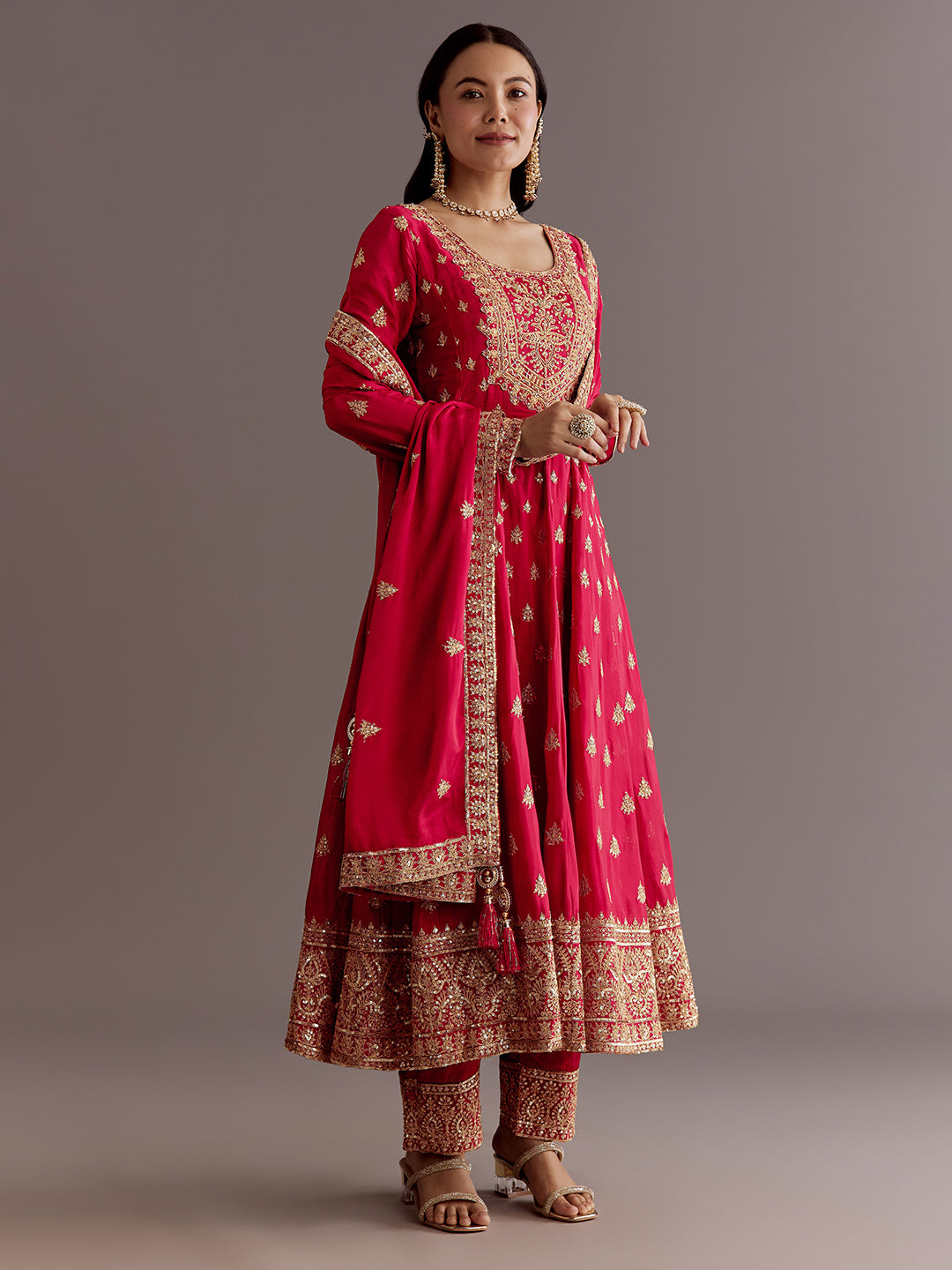 Red Chinon Zari Sequin Anarkali Suit With Dupatta