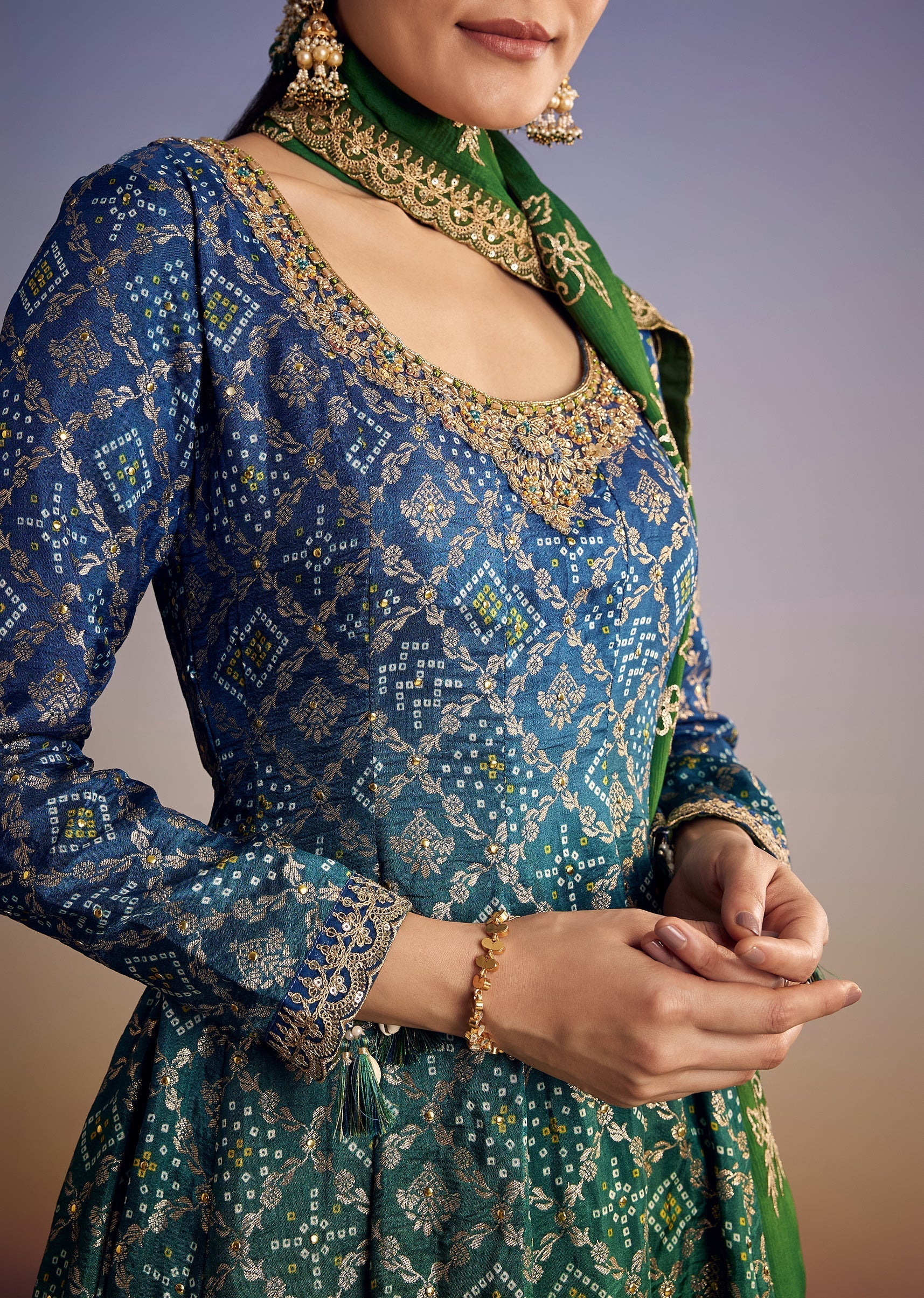 Blue And Green Ombre Bandhani Anarkali Suit With Zardosi Neckline