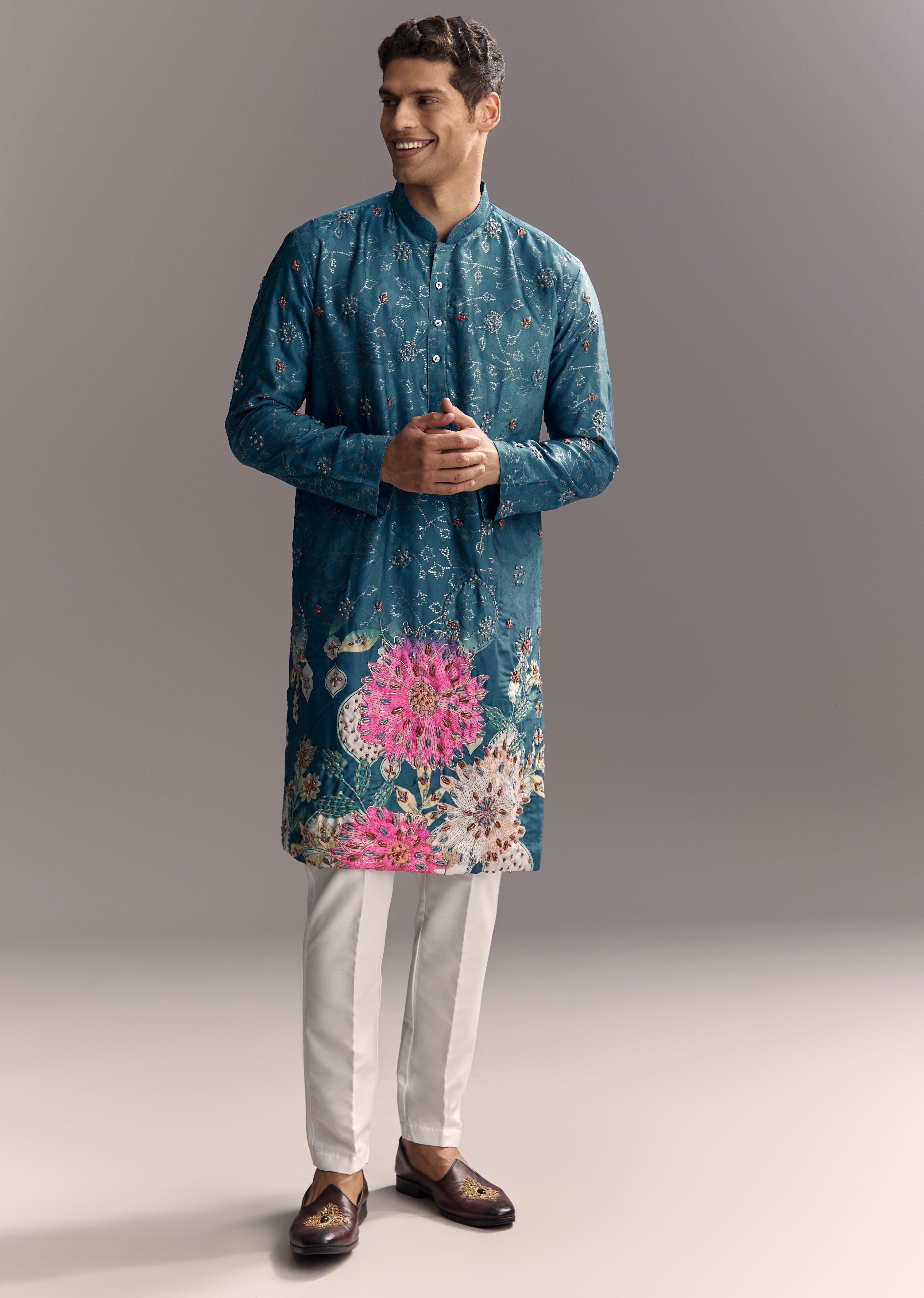 Festive Couple Set – Pink Embellished Cape Palazzo Set for Her And Blue Silk Kurta Set with Resham Embroidery for Him