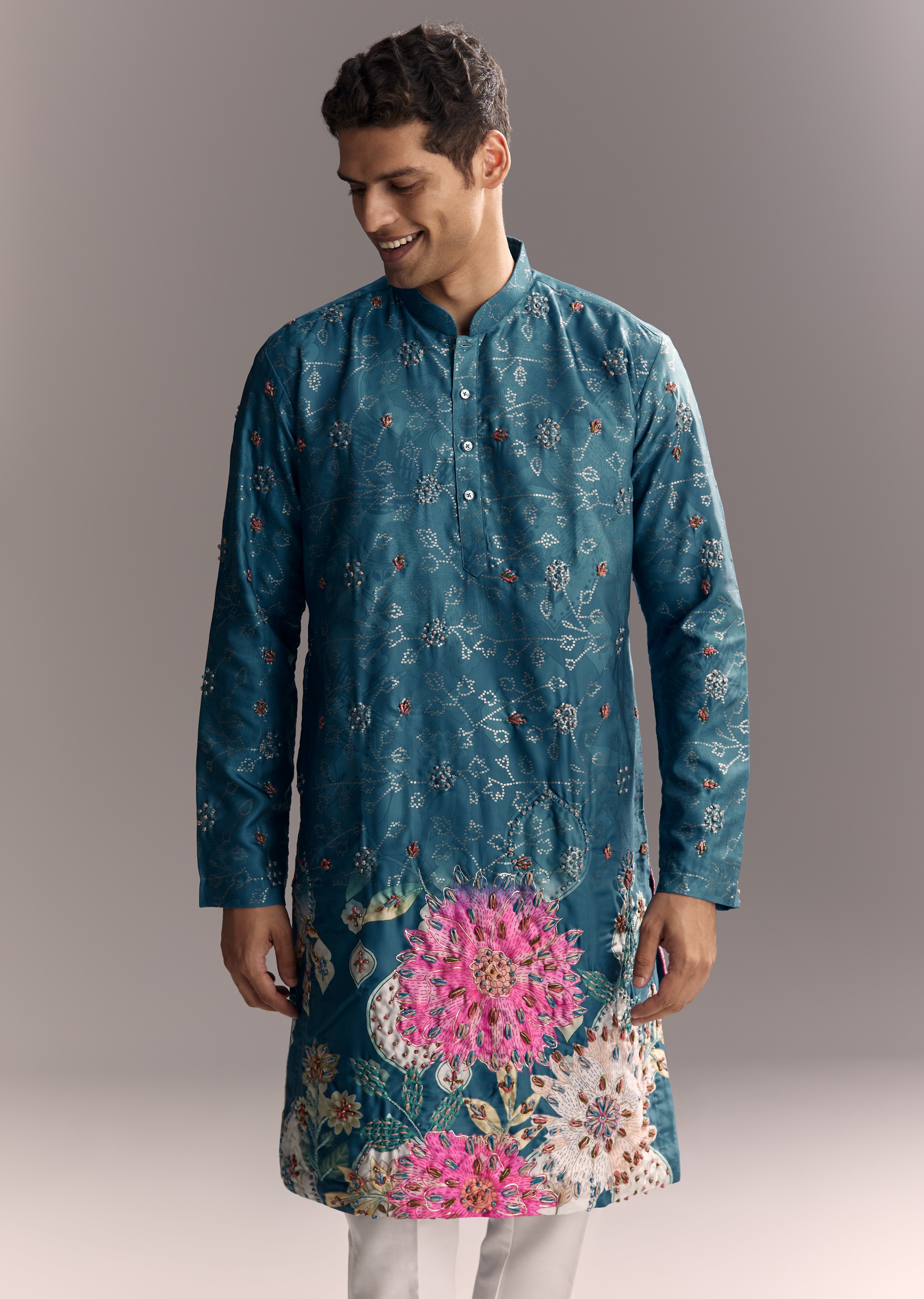 Festive Couple Set – Pink Embellished Cape Palazzo Set for Her And Blue Silk Kurta Set with Resham Embroidery for Him