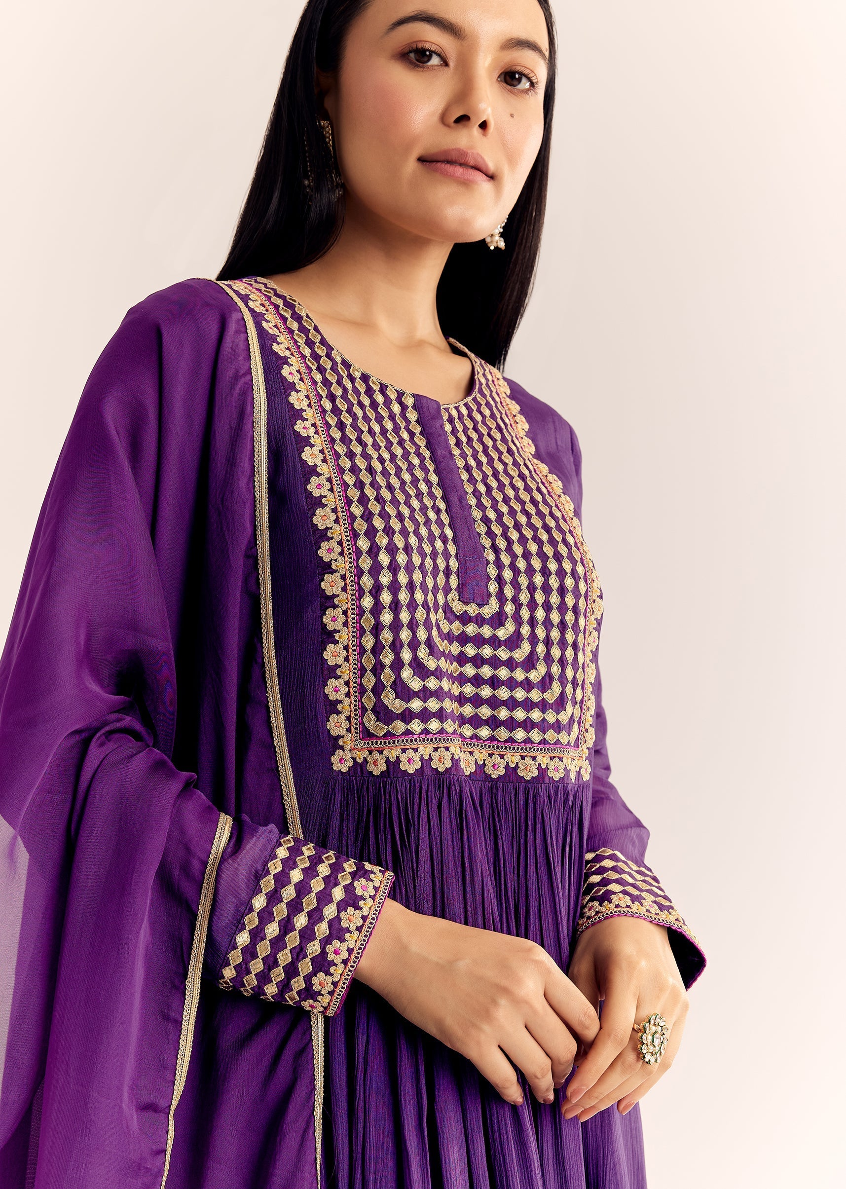 Purple Zari Neckline Chinon Anarkali Suit With Organza Dupatta